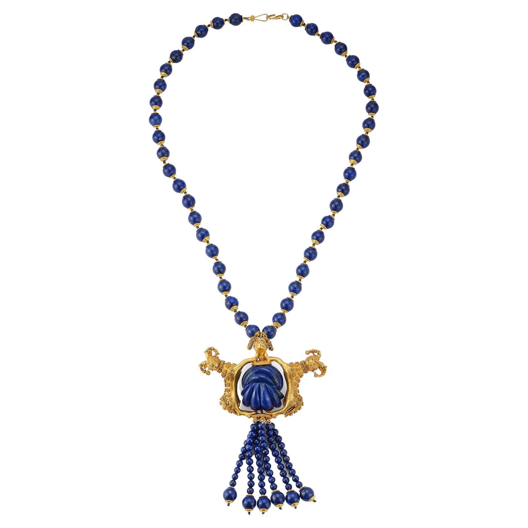 Lapis Lazuli & Gold Ram Tassel Necklace 