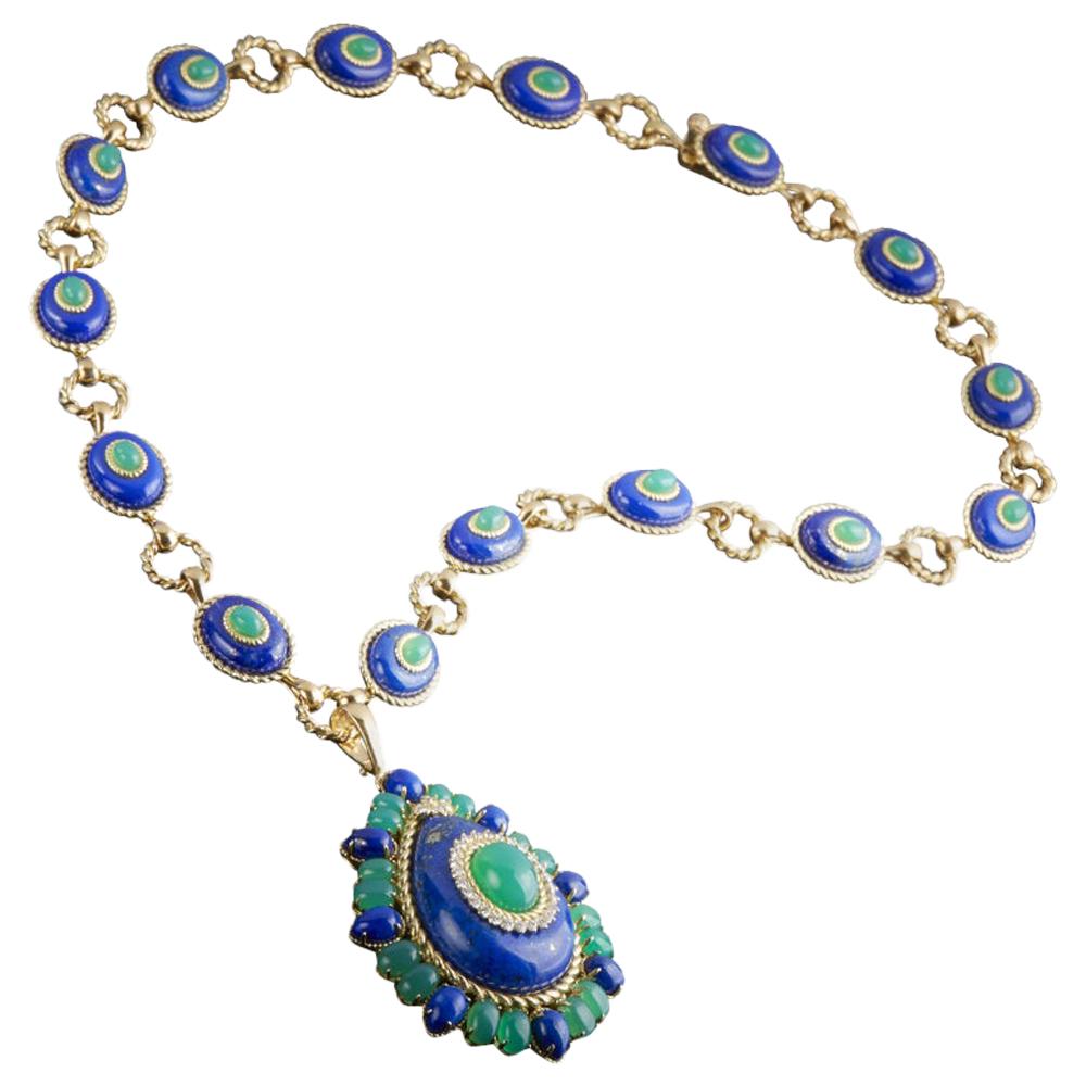 Veschetti Lapis Lazuli, Green Agate and Diamond Pendant Necklace