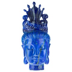 Lapis Lazuli Guanyin Bodhisattva Buddha Asian Head Bust Carved Statue Sculpture