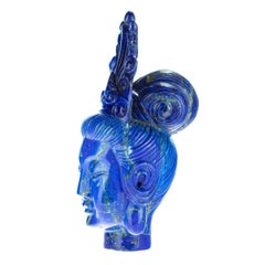 Lapis Lazuli Guanyin Bodhisattva Buddha Asian Head Bust Carved Statue Sculpture