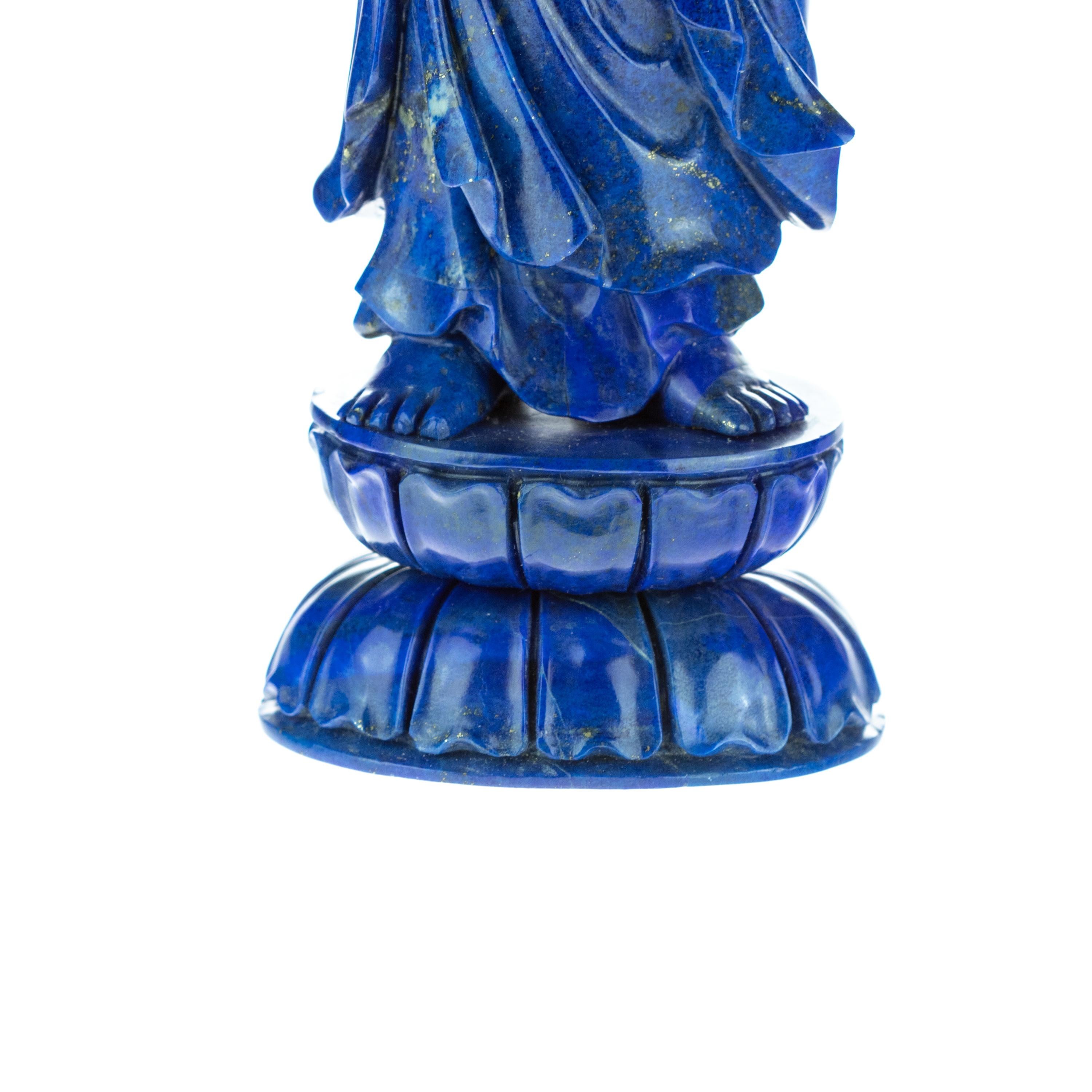 Late 20th Century Lapis Lazuli Guanyin Bodhisattva Female Buddha Asian Art Carved Statue Sculpture For Sale