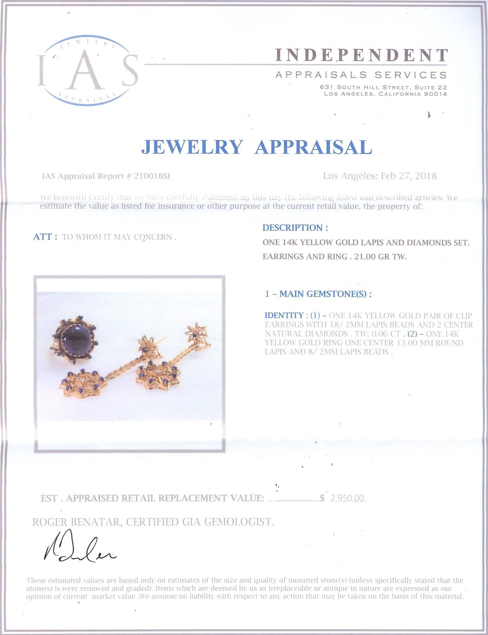 Lapis Lazuli Hand Constructed Gold Earring and Ring Architectural Dress Set For Sale 5