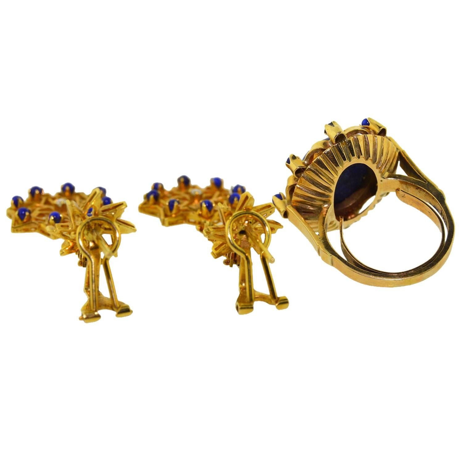 Modern Lapis Lazuli Hand Constructed Gold Earring and Ring Architectural Dress Set For Sale