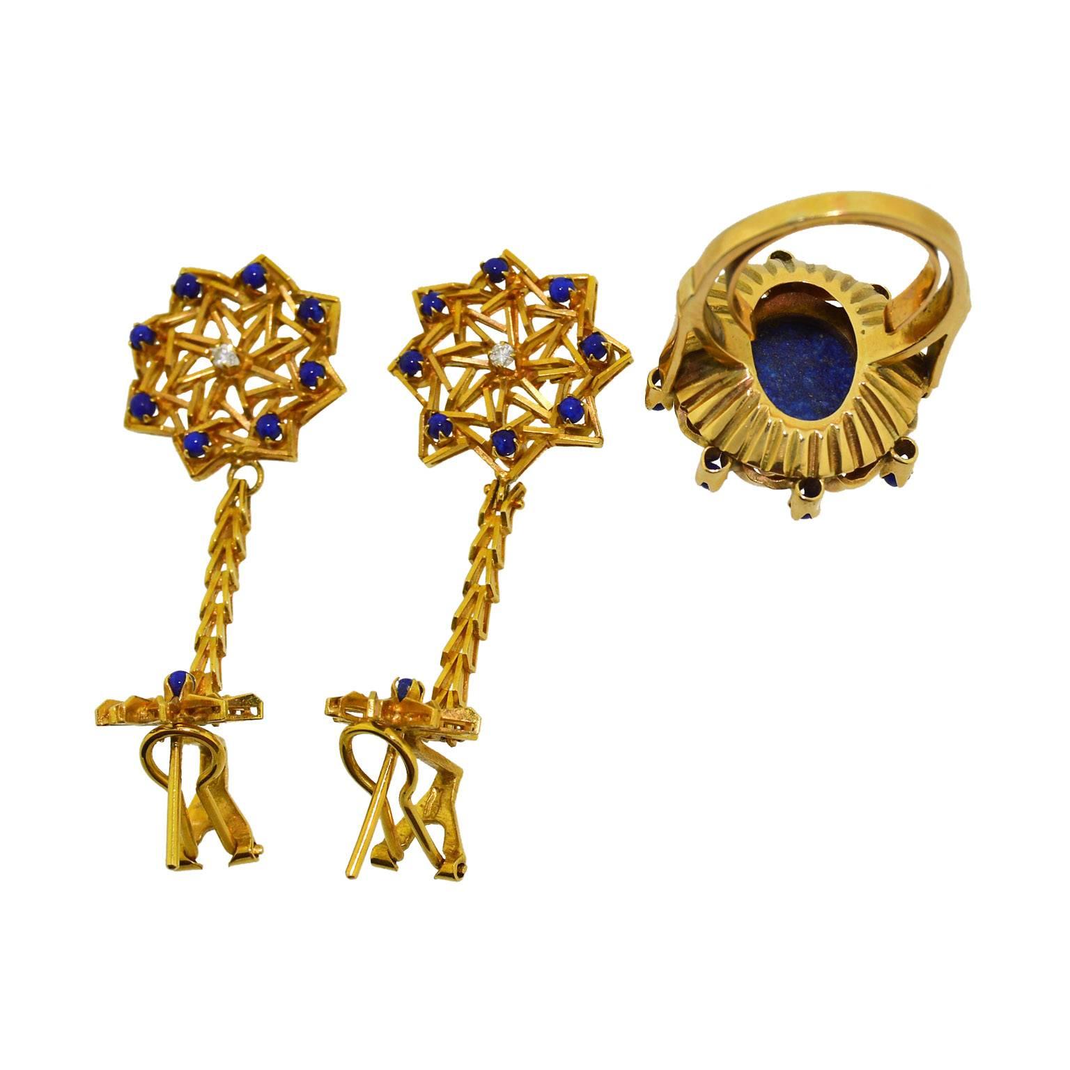 Lapis Lazuli Hand Constructed Gold Earring and Ring Architectural Dress Set In Excellent Condition For Sale In Long Beach, CA
