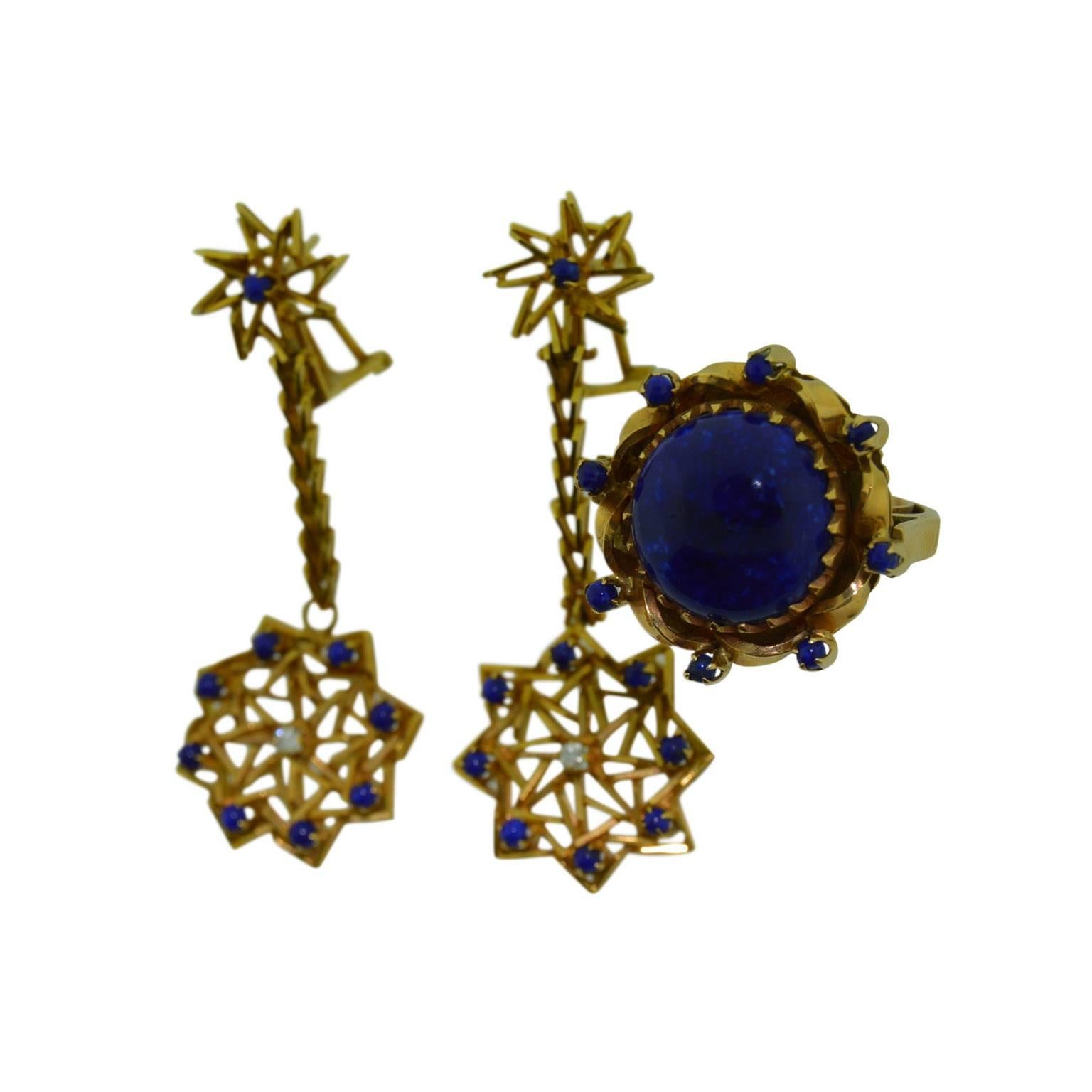Lapis Lazuli Hand Constructed Gold Earring and Ring Architectural Dress Set For Sale 2