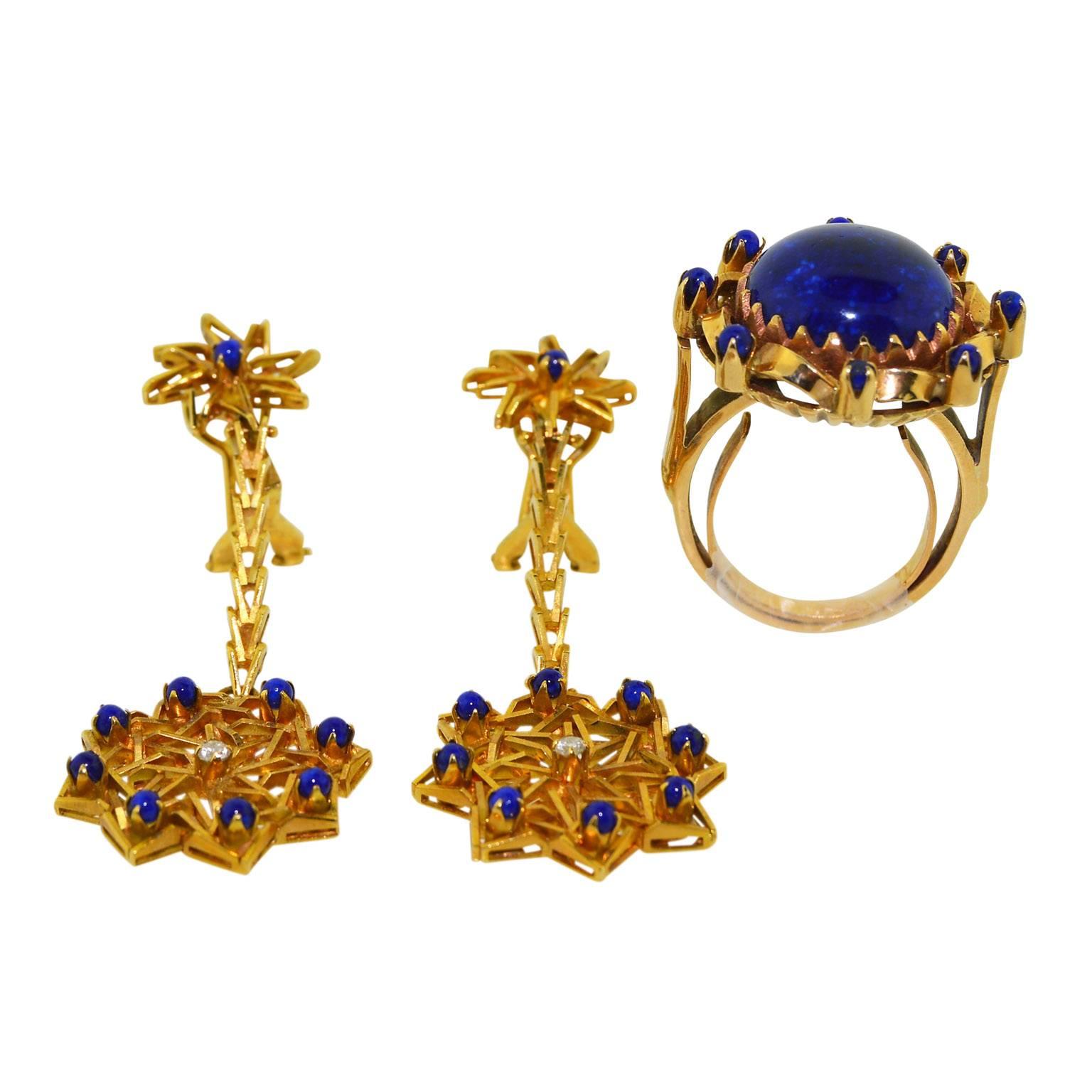 Lapis Lazuli Hand Constructed Gold Earring and Ring Architectural Dress Set For Sale 3