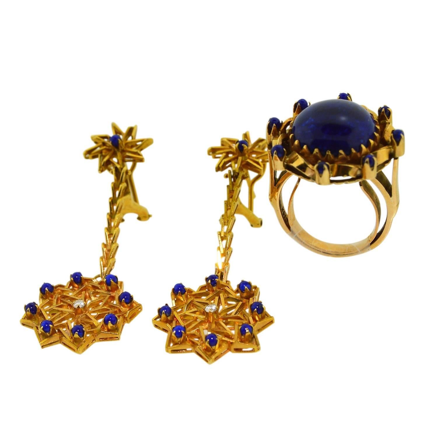 Lapis Lazuli Hand Constructed Gold Earring and Ring Architectural Dress Set For Sale 4