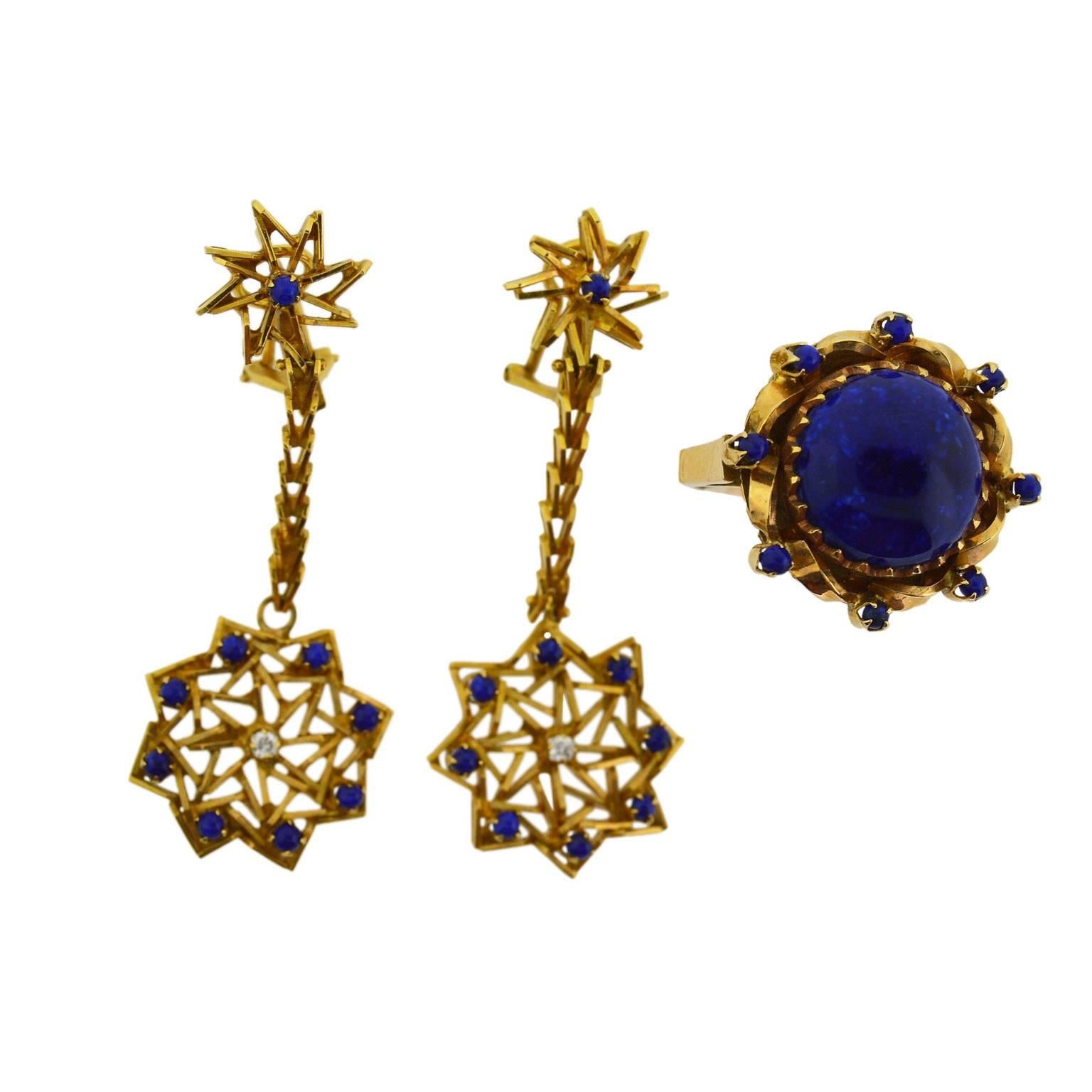 Lapis Lazuli Hand Constructed Gold Earring and Ring Architectural Dress Set For Sale