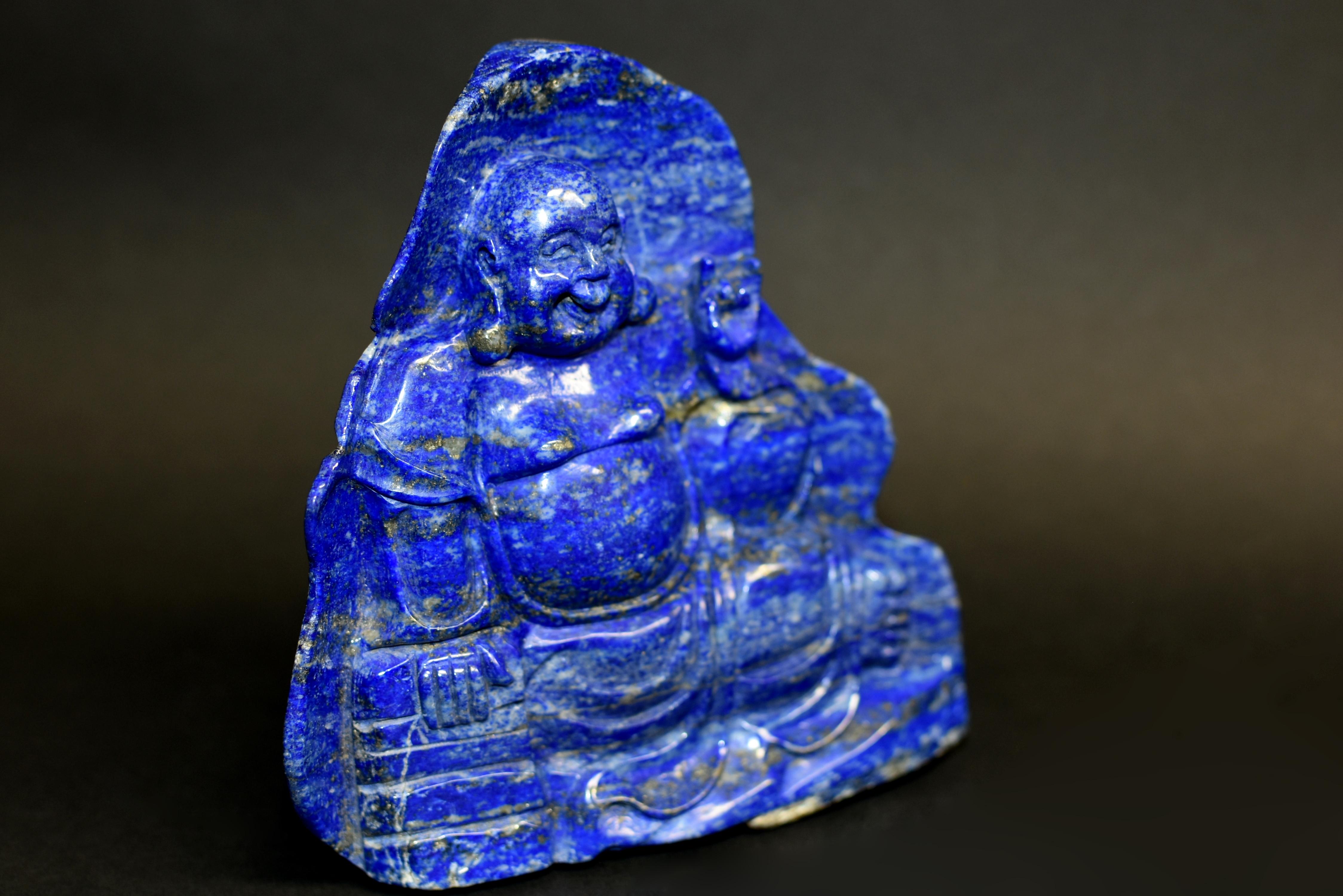 Hand-Carved Lapis Lazuli Happy Buddha Statue For Sale