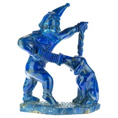 Vintage Lapis Lazuli Harlequin Clown Dog Accordion Carved Asian Art Statue Sculpture
