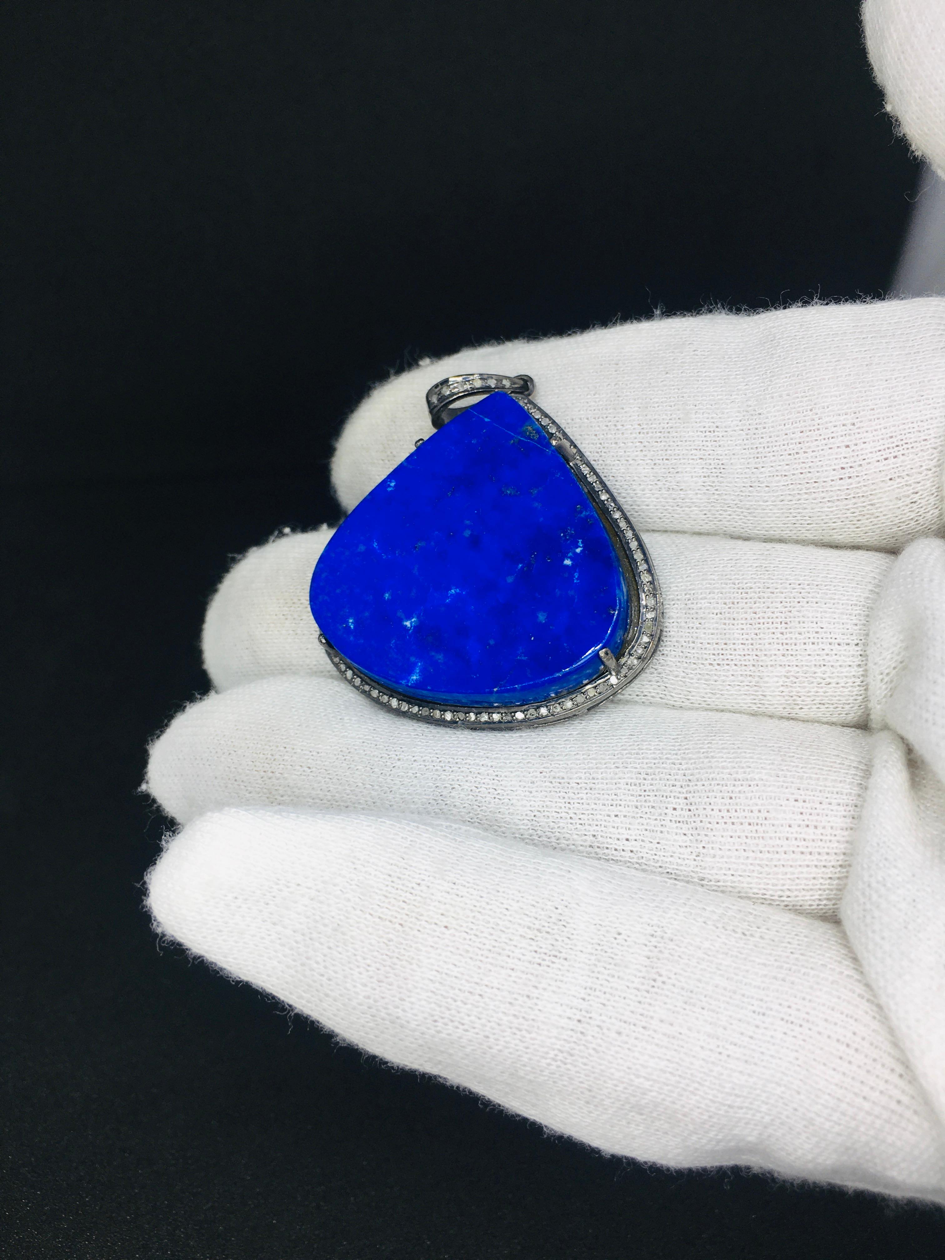 Lapislazuli Herz Diamant  Halskette, 925 Silber  Anhänger (Art déco)
