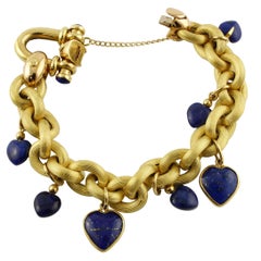 Lapis Lazuli Hearts Charms, 18 Karat Yellow Gold Chain Bracelet