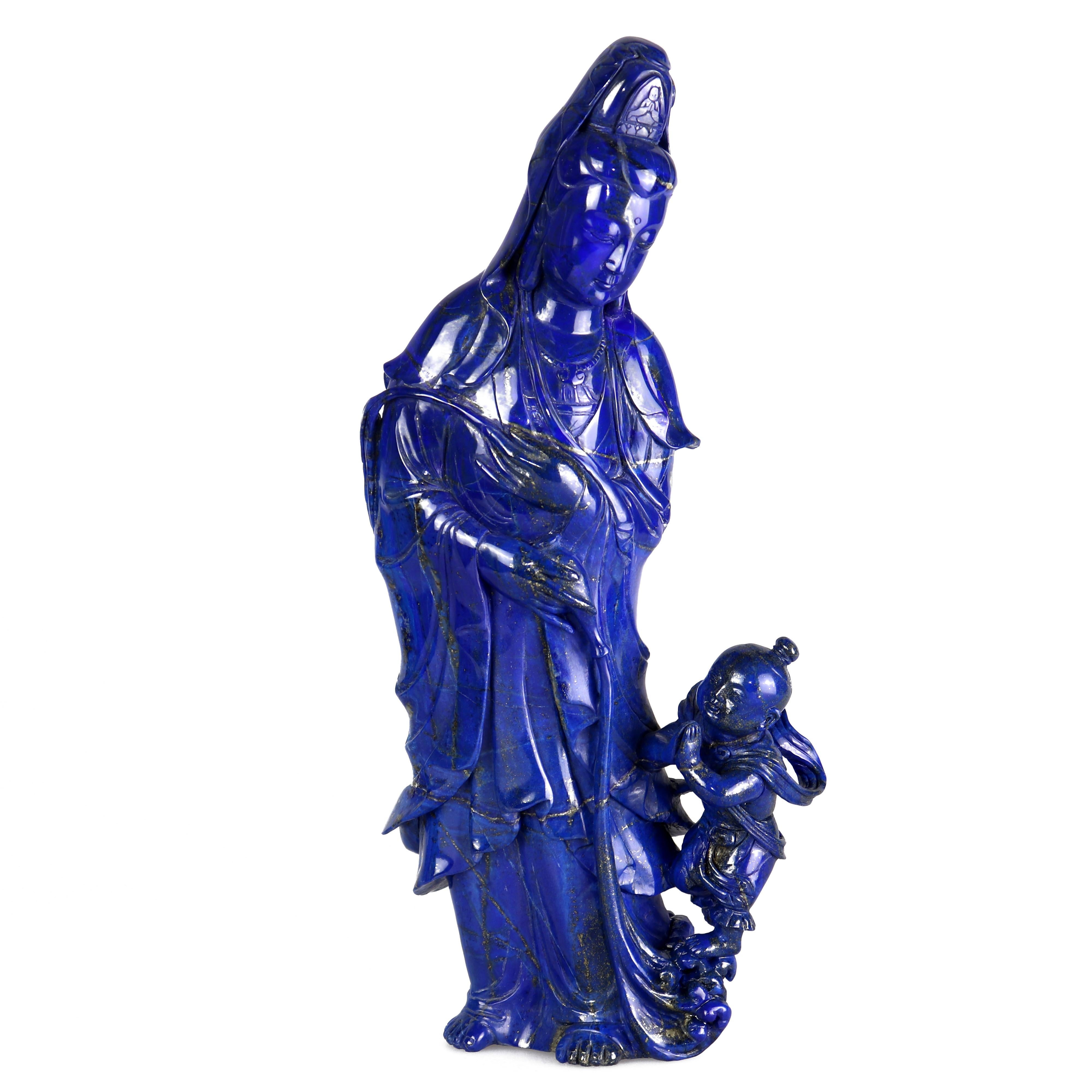 Chinese Export Lapis Lazuli Holy Virgin with Child Figurine Carved Blue Statue Sculpture For Sale