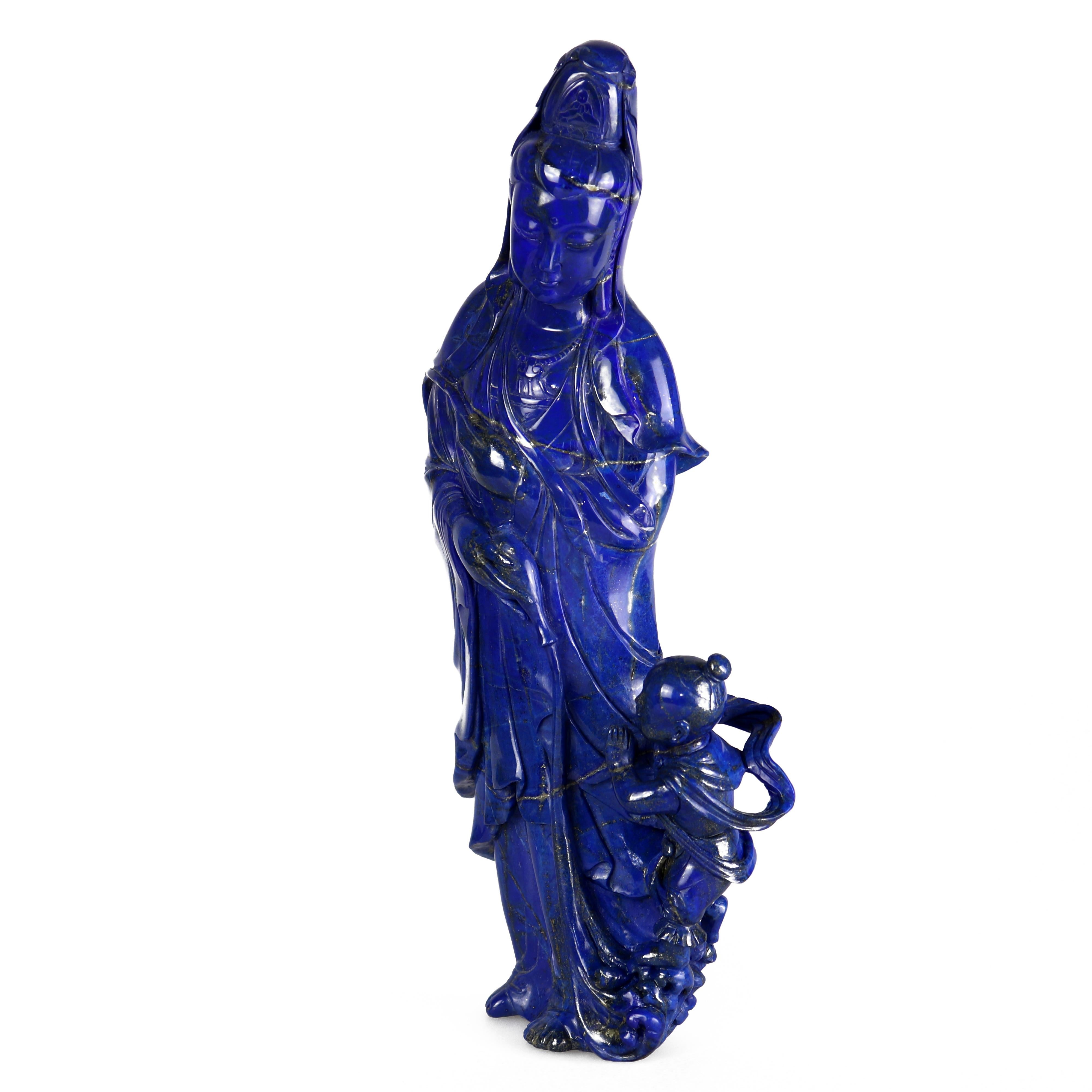 Hand-Carved Lapis Lazuli Holy Virgin with Child Figurine Carved Blue Statue Sculpture For Sale