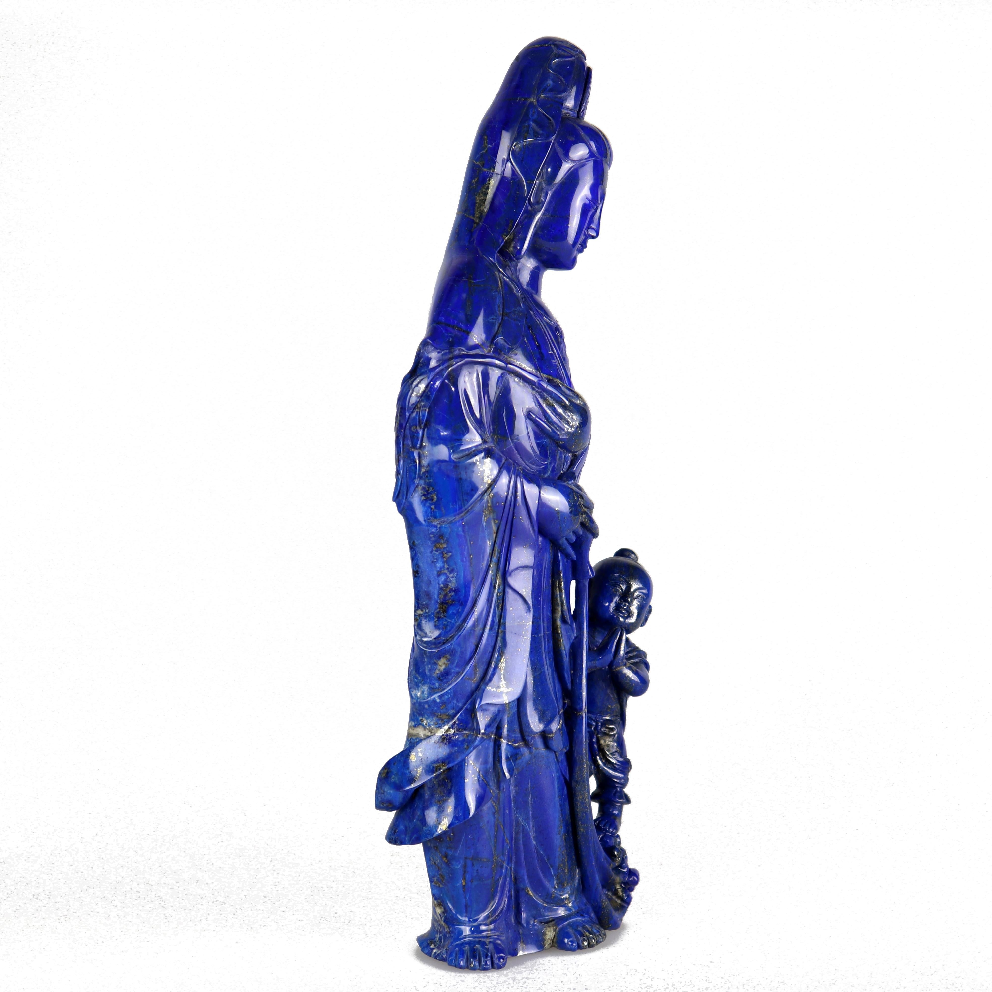 Late 20th Century Lapis Lazuli Holy Virgin with Child Figurine Carved Blue Statue Sculpture For Sale