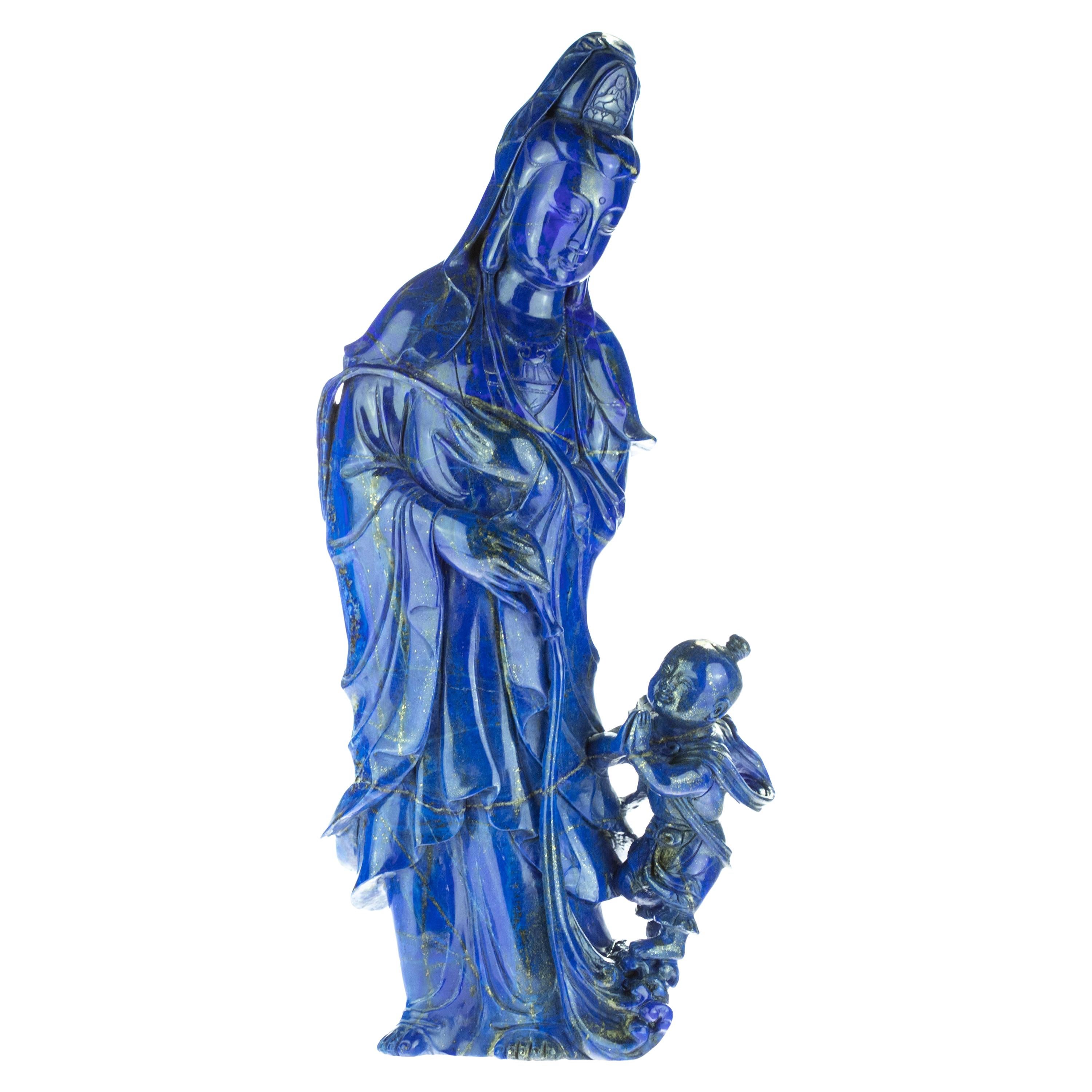 Lapis Lazuli Holy Virgin with Child Figurine Carved Blue Statue Sculpture For Sale