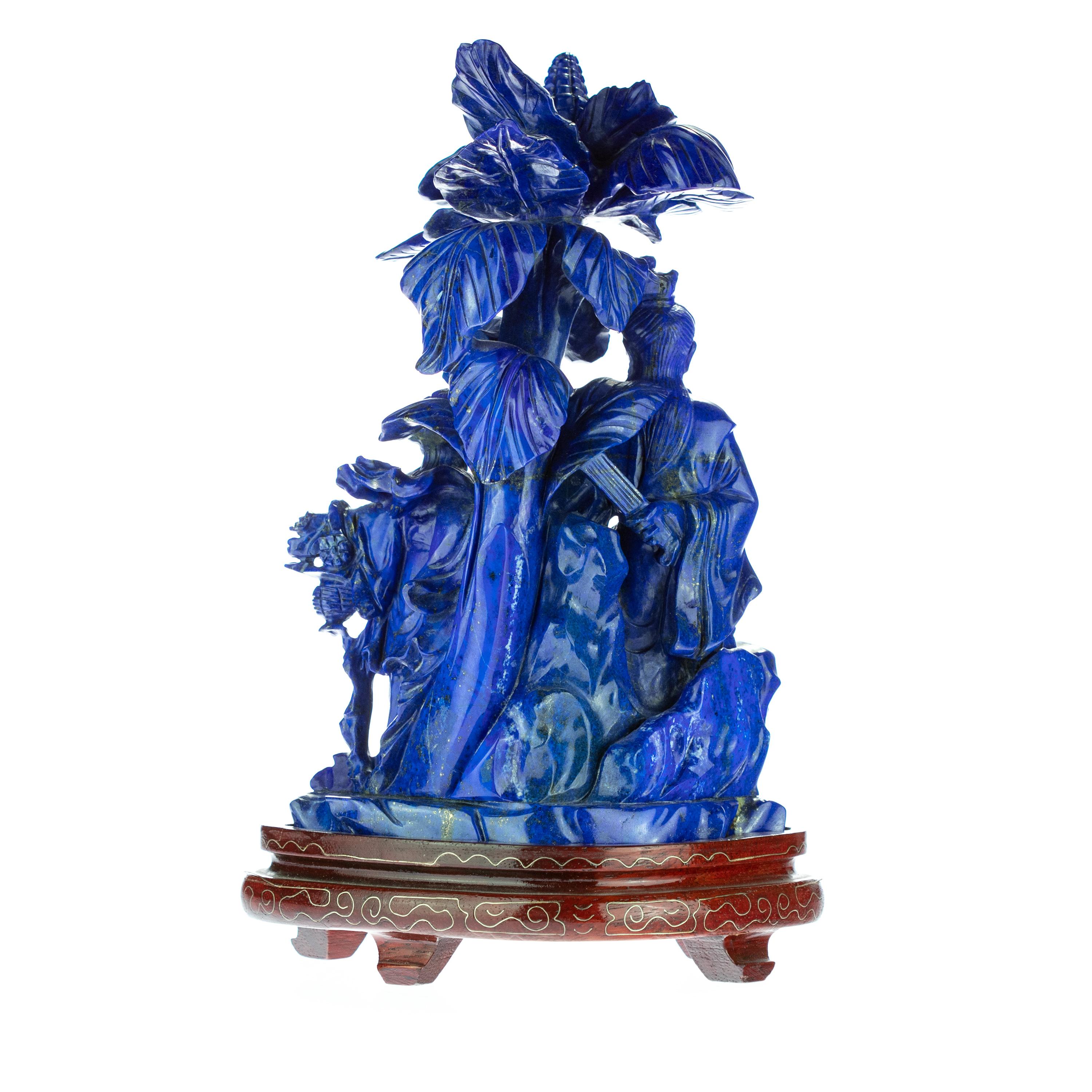 Chinese Export Lapis Lazuli Imperial Family Carved Flower Gemstone Asian Art Statue Sculpture For Sale