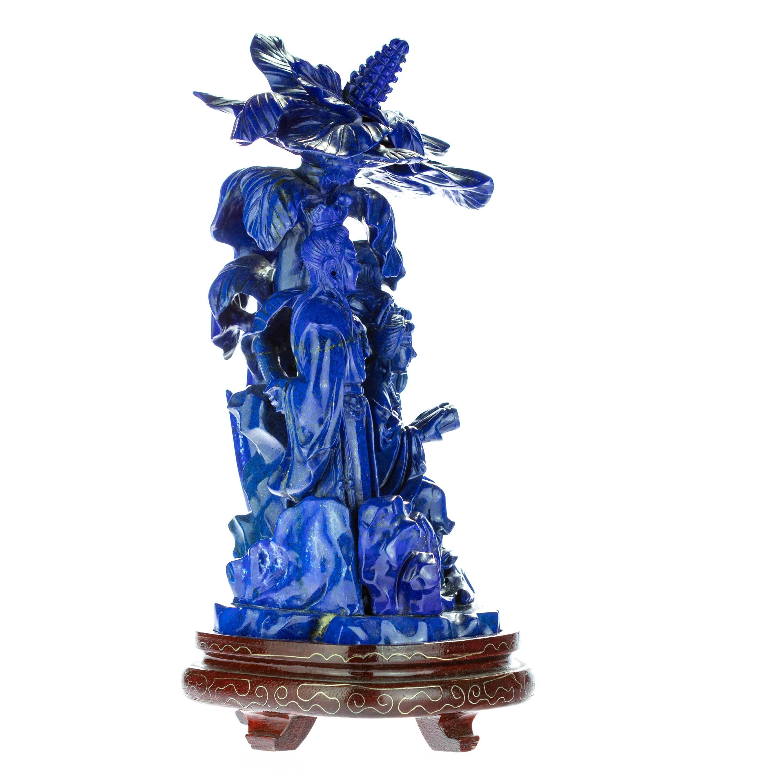 Hong Kong Lapis Lazuli Imperial Family Carved Flower Gemstone Asian Art Statue Sculpture For Sale