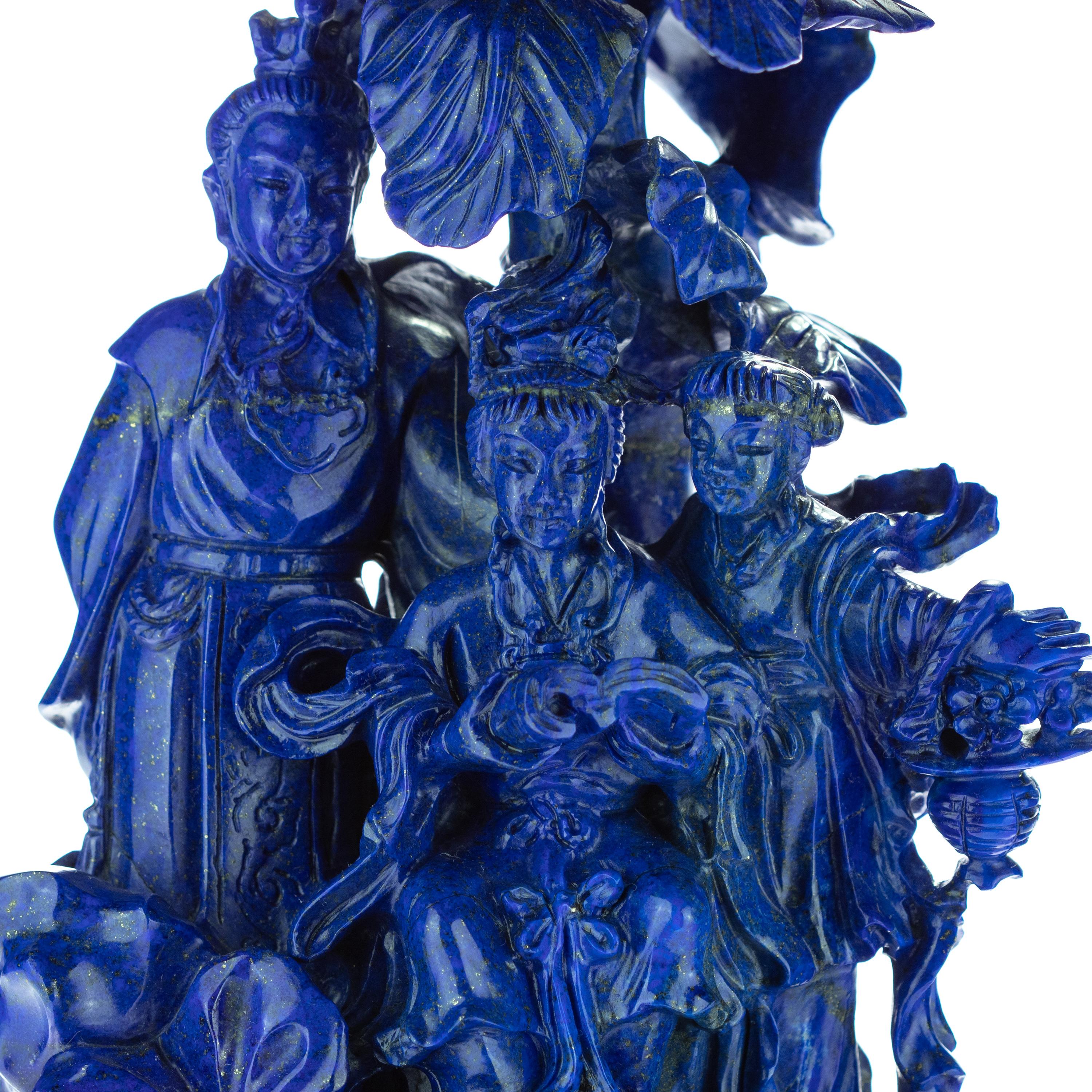 Hand-Carved Lapis Lazuli Imperial Family Carved Flower Gemstone Asian Art Statue Sculpture For Sale