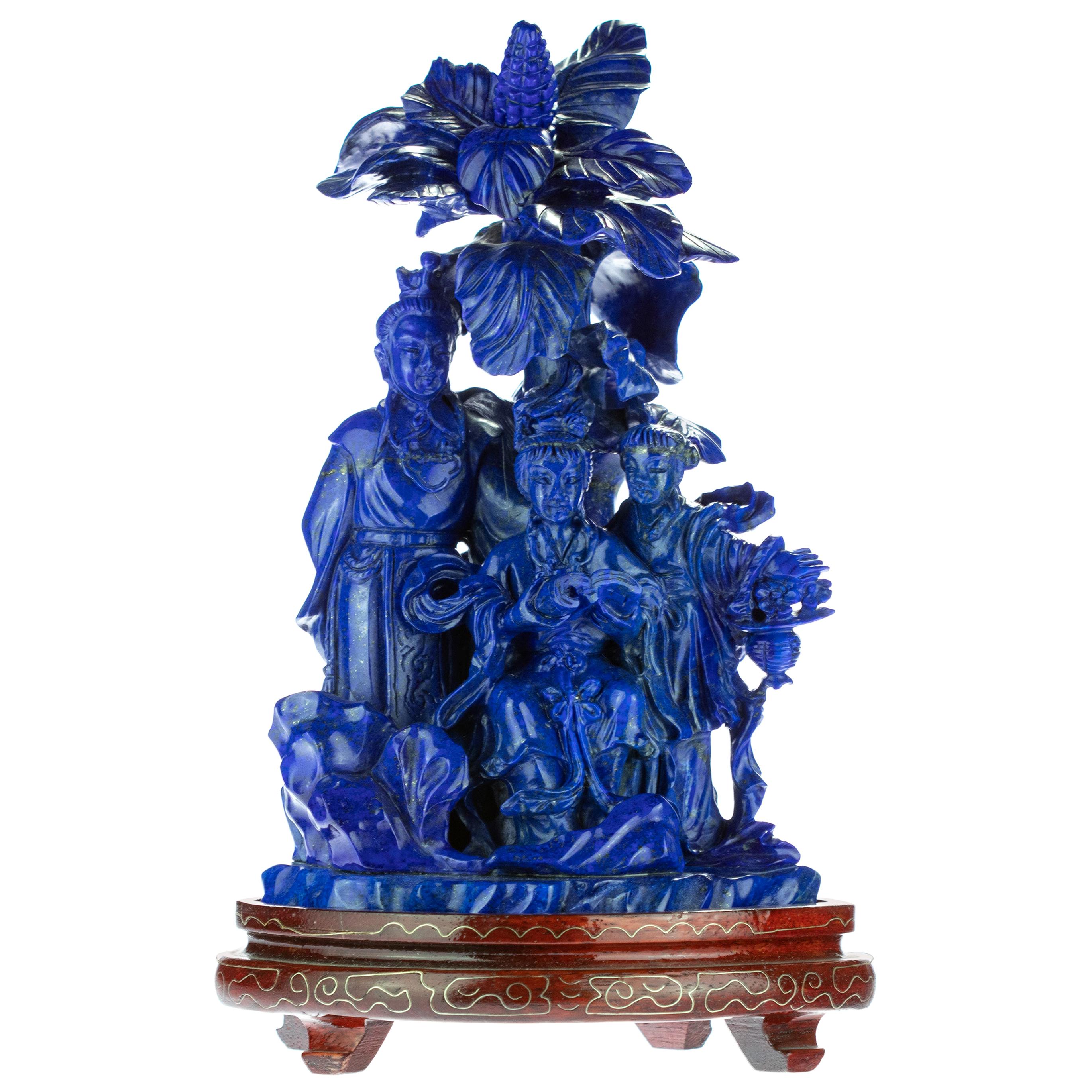 Lapis Lazuli Imperial Family Carved Flower Gemstone Asian Art Statue Sculpture For Sale