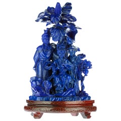 Lapis Lazuli Imperial Family Carved Flower Gemstone Asian Art Statue Sculpture