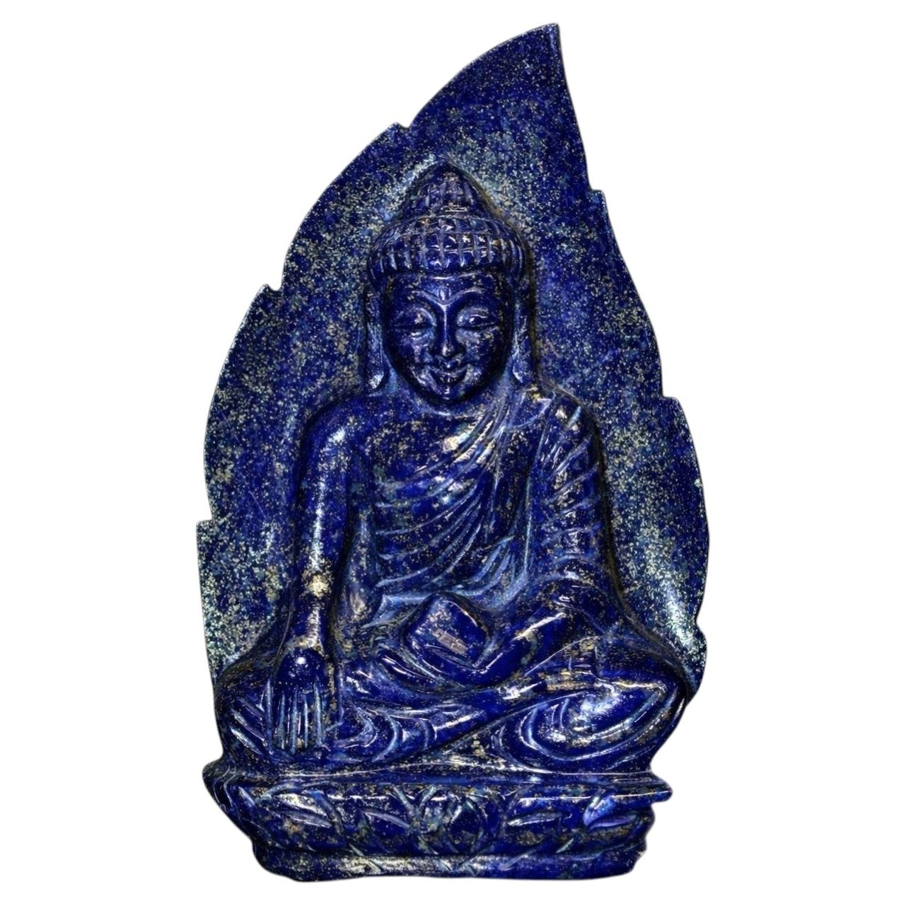 Lapis Lazuli Indian Buddha Statue Bodhi Leaf Smiling Fine Finish For Sale