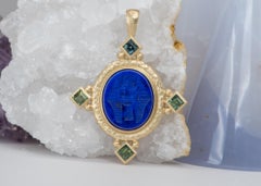 Lapis Lazuli Intaglio Pharaoh Carving 14K Gold Pendant Egyptian Revival R4025