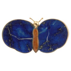 Broche papillon en or jaune 18 carats, lapis-lazuli et jaspe