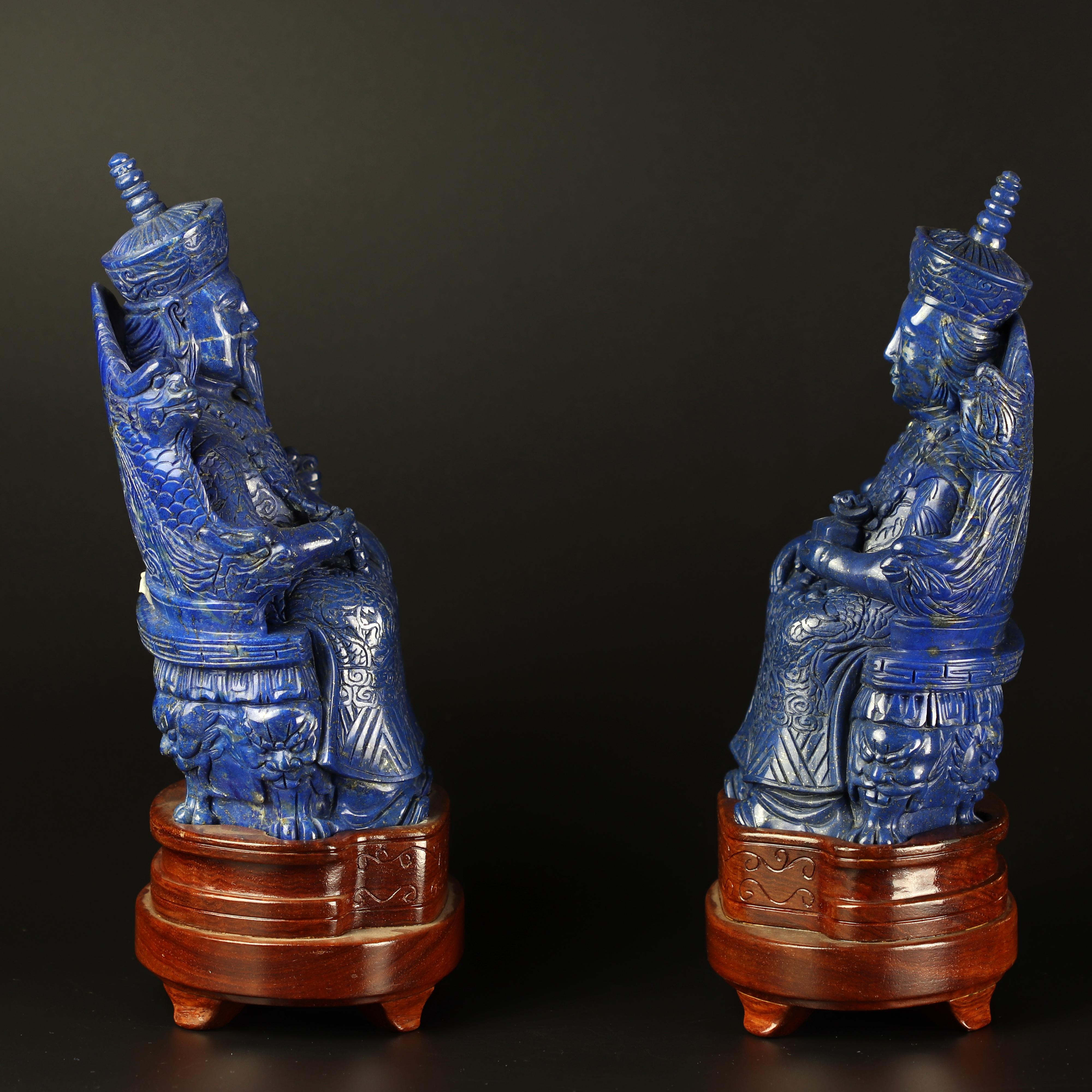 Chinese Export Lapis Lazuli King Queen Carved Blue Gemstone Artisanal Royalty Statue Sculpture For Sale