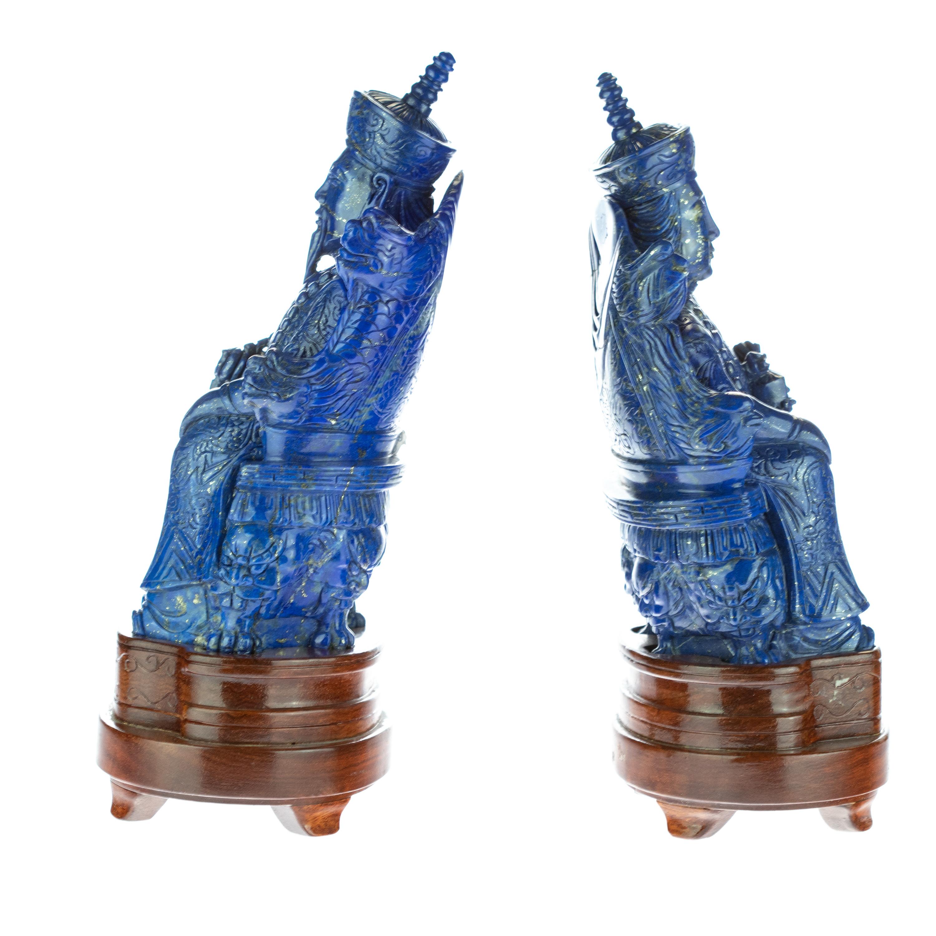 Hong Kong Lapis Lazuli King Queen Carved Blue Gemstone Artisanal Royalty Statue Sculpture For Sale