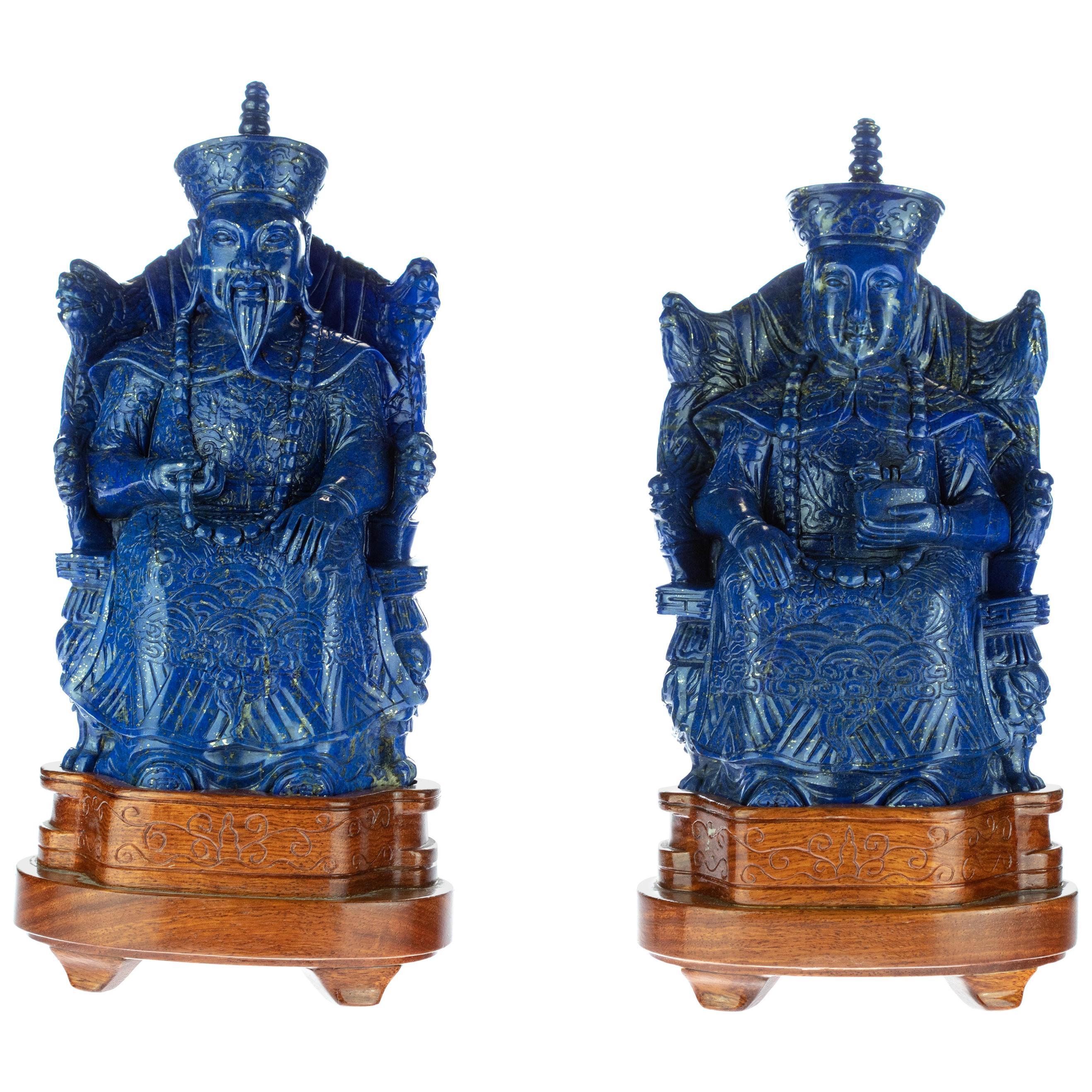 Lapis Lazuli King Queen Carved Blue Gemstone Artisanal Royalty Statue Sculpture For Sale