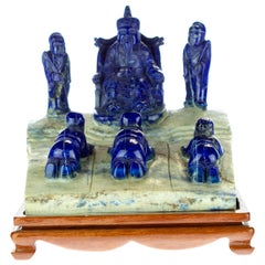 Lapis Lazuli Kings Subject Carved Blue Gemstone Asian Royalty Statue Sculpture