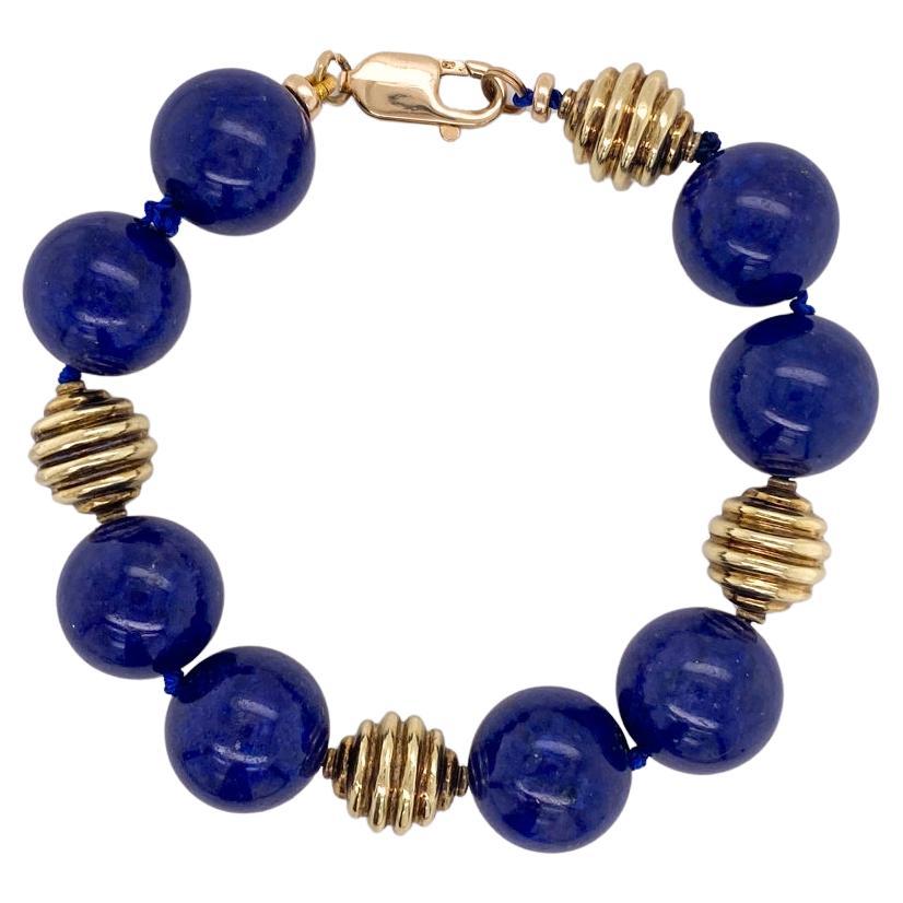 Lapis Lazuli Large Bead Bracelet with 18K Gold, 6" Wrist, 10.5 mm Lapis Beads For Sale