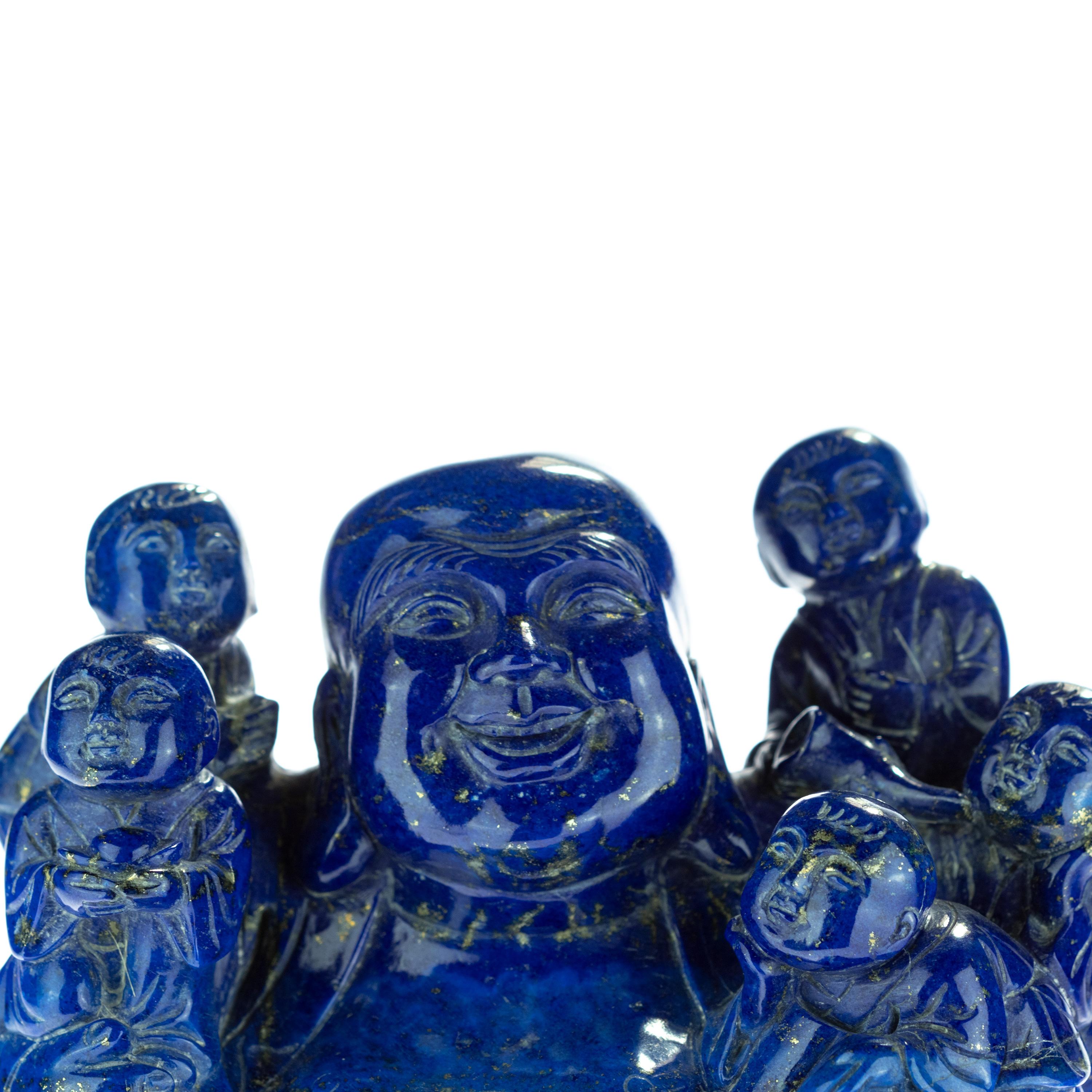 Hand-Carved Lapis Lazuli Laughing Buddha Children Carved Eastern Meditation Statue Sculpture For Sale