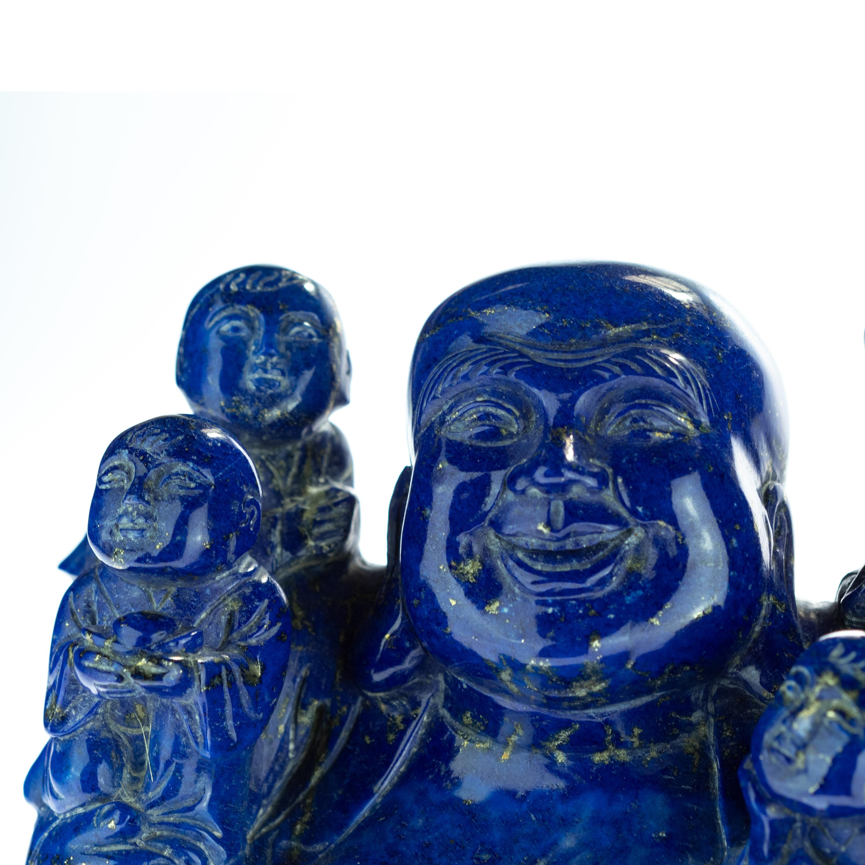 Lapis Lazuli Laughing Buddha Children Carved Eastern Meditation Statue Sculpture In Excellent Condition For Sale In Milano, IT