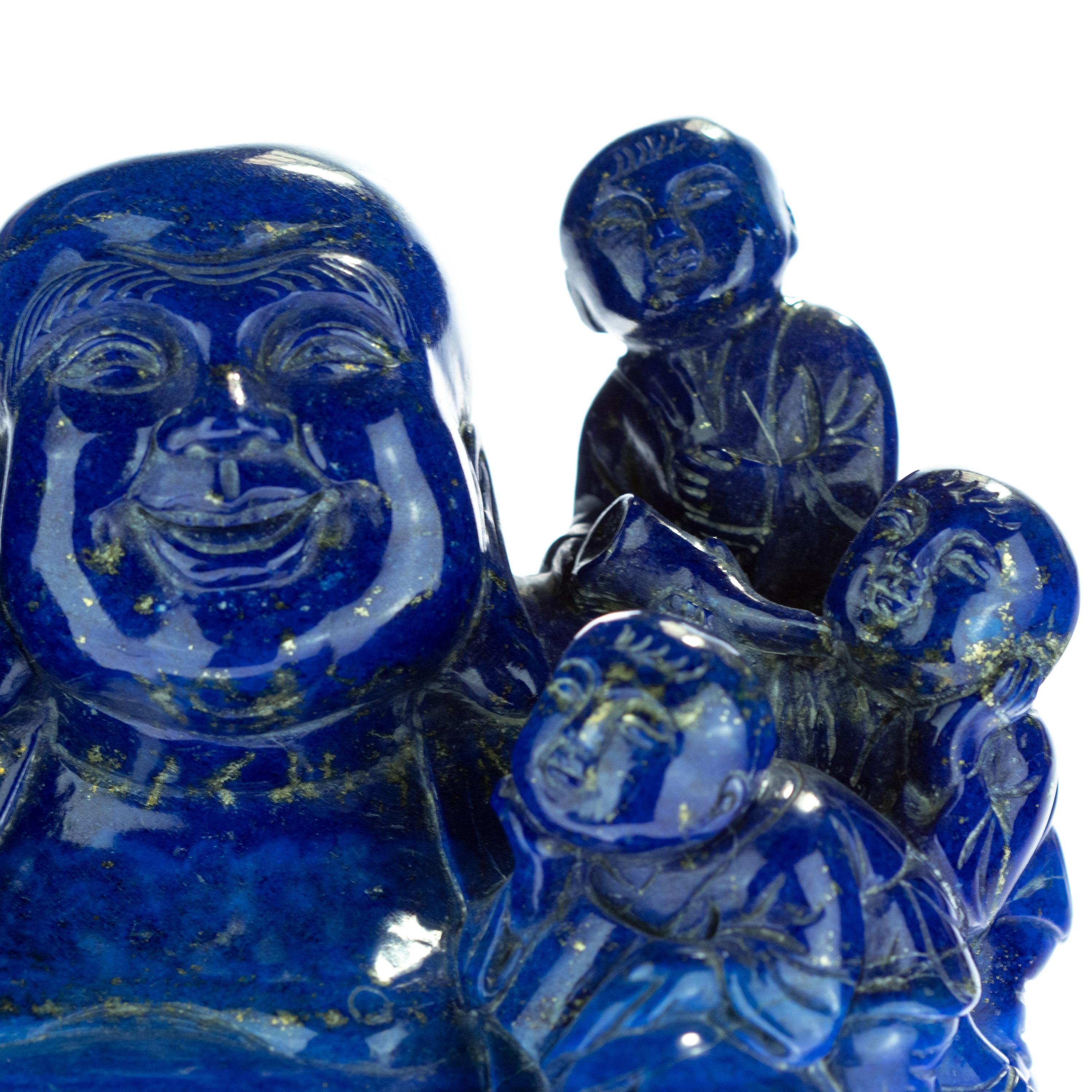 Late 20th Century Lapis Lazuli Laughing Buddha Children Carved Eastern Meditation Statue Sculpture For Sale