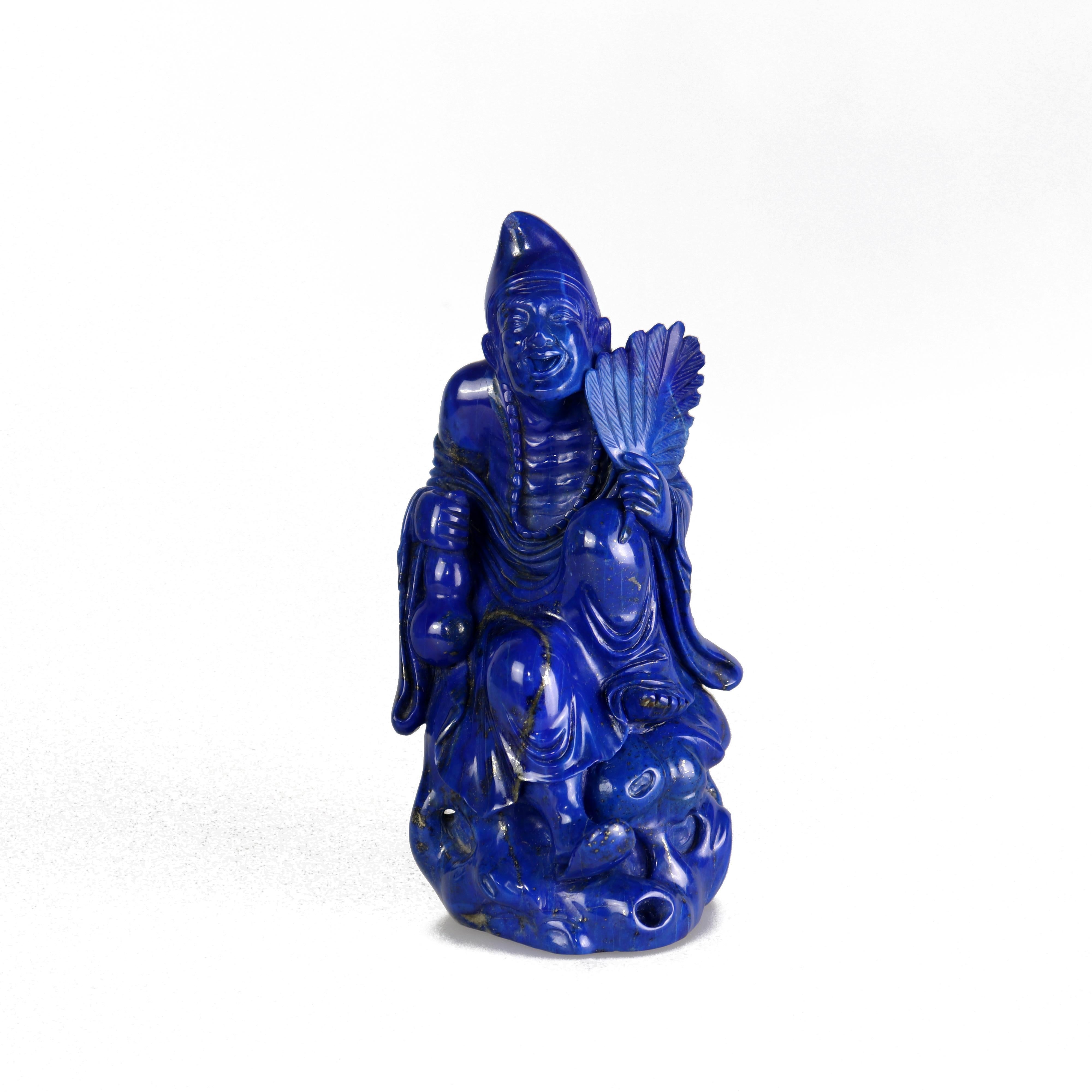 Chinese Export Lapis Lazuli Laughing Man Carved Figure Spiritual Artisanal Statue Sculpture For Sale