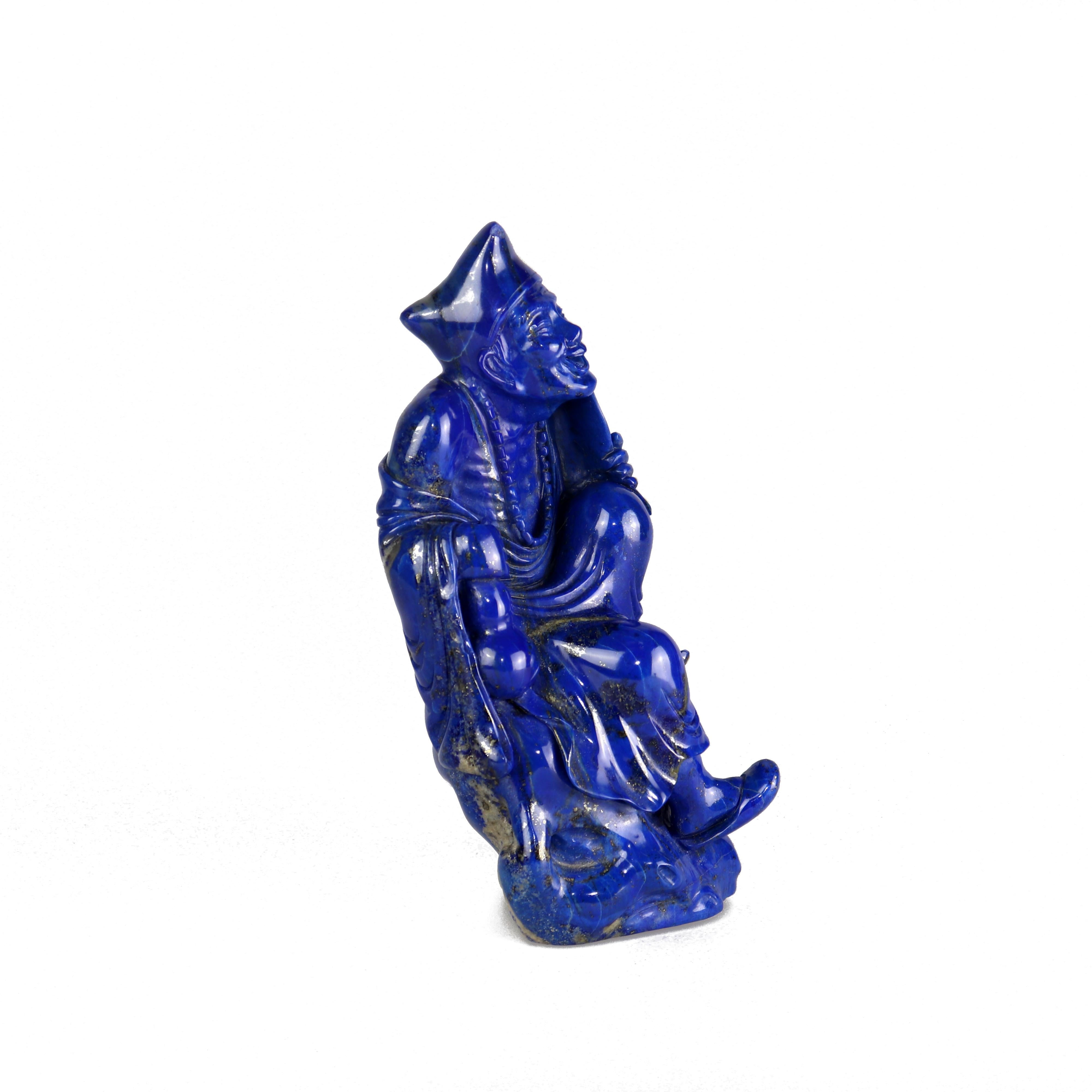 Lapis Lazuli Laughing Man Carved Figure Spiritual Artisanal Statue Sculpture In Excellent Condition For Sale In Milano, IT