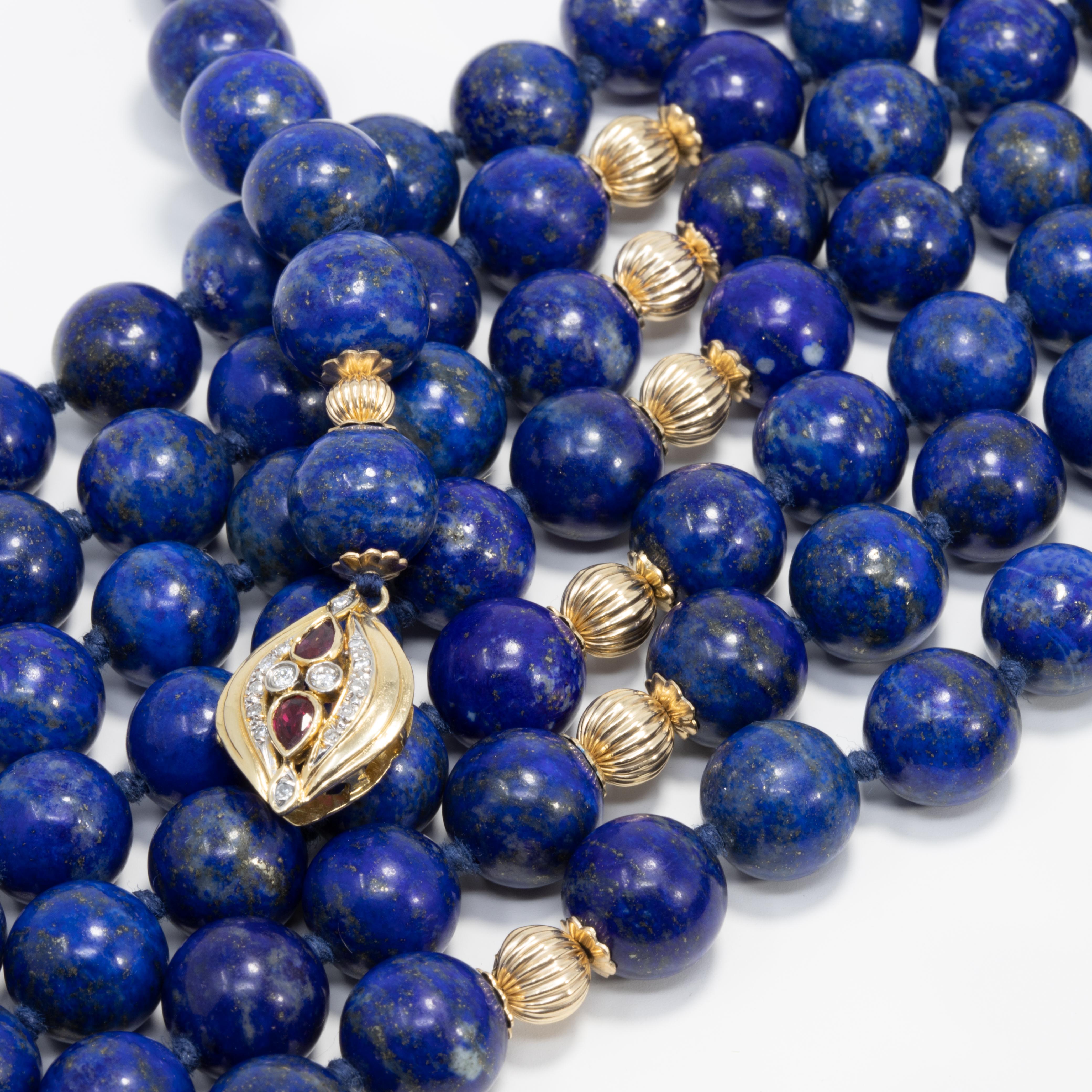 Retro Lapis Lazuli Long Rope Bead Necklace, 14 Karat Gold, Diamond and Ruby Gold Clasp For Sale