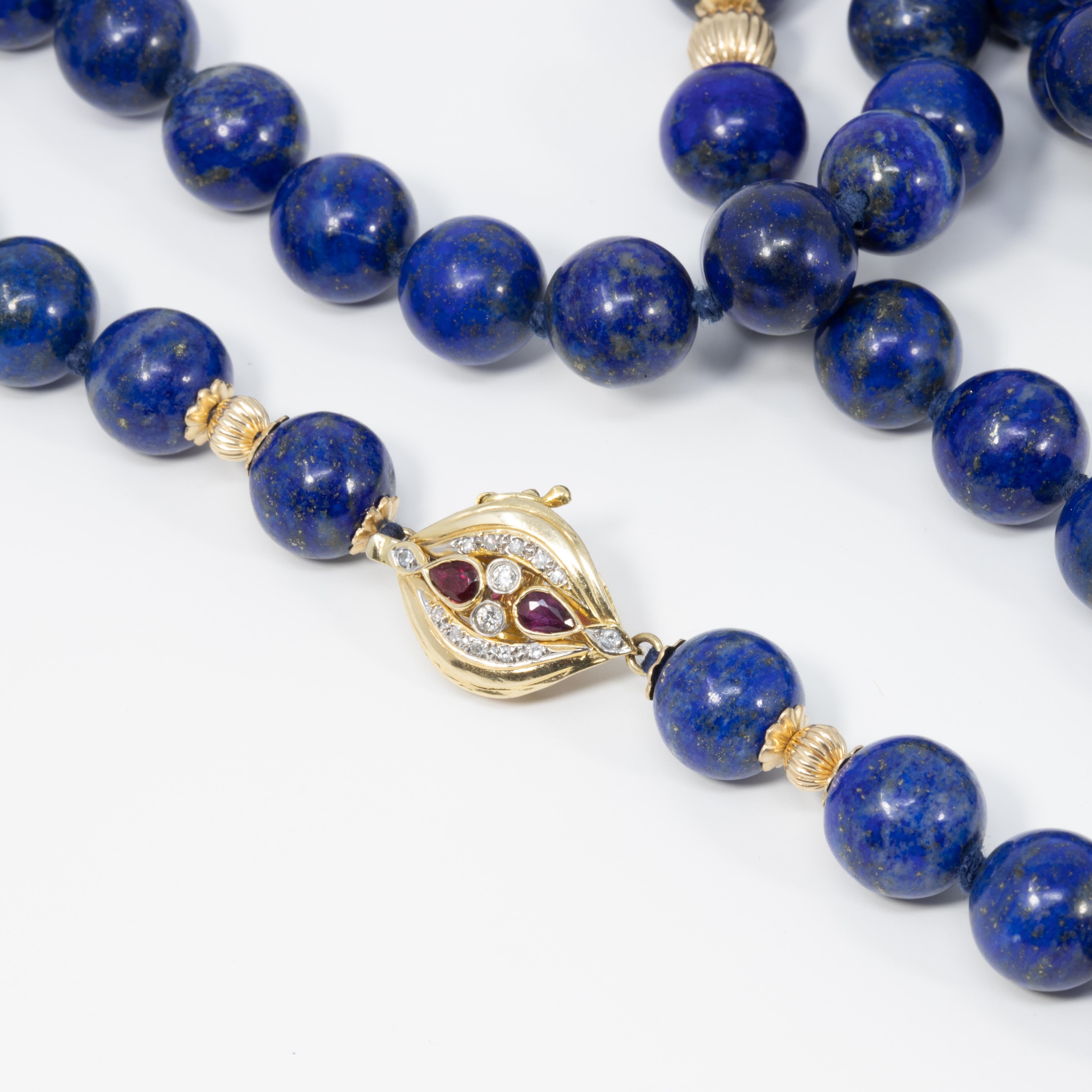 Women's Lapis Lazuli Long Rope Bead Necklace, 14 Karat Gold, Diamond and Ruby Gold Clasp For Sale