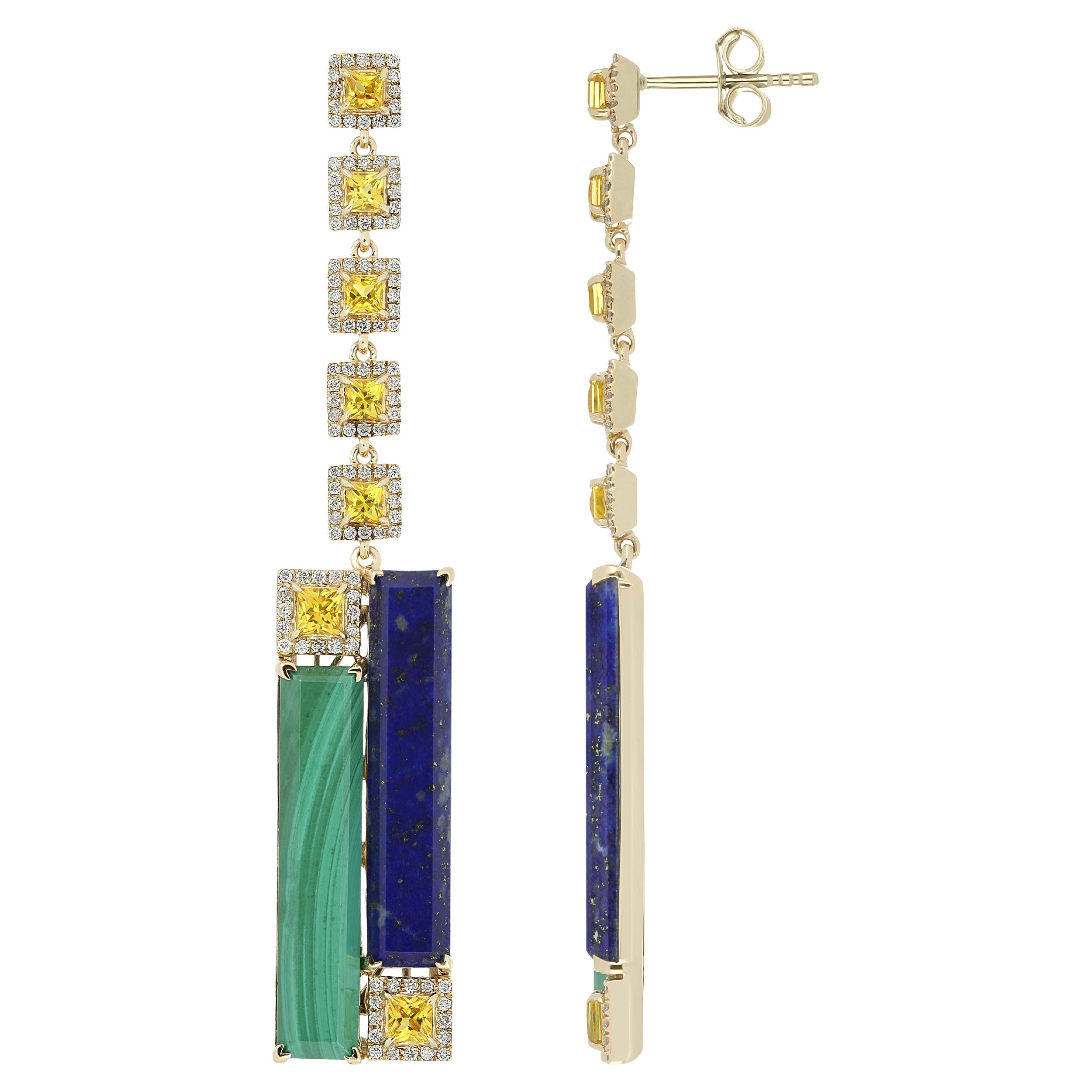 Elegant and exquisitely detailed 14 Karat Yellow Gold Earring, center set with Baguette Shape 7.63 Cts Malachite & 6.08 Cts Lapis Lazuli, accented with Yellow Sapphire weighing approx. 1.75 Cts (total) and micro pave set Diamonds, weighing approx.
