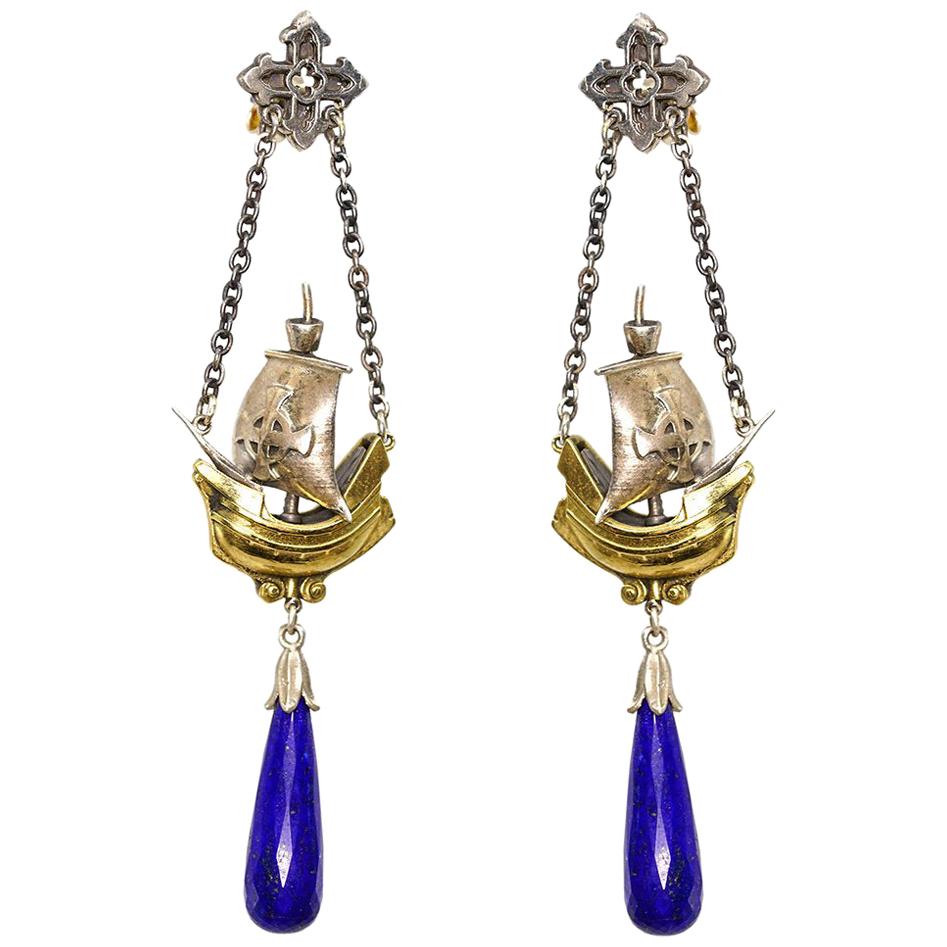 Lapis Lazuli Medieval Ship Drop Earrings in 18 Karat Gold and Sterling Silver
