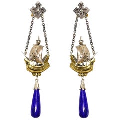 Lapis Lazuli Medieval Ship Drop Earrings in 18 Karat Gold and Sterling Silver