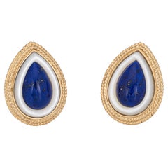 Lapis Lazuli Mother of Pearl Earrings Vintage 14k Yellow Gold Teardrop Clips