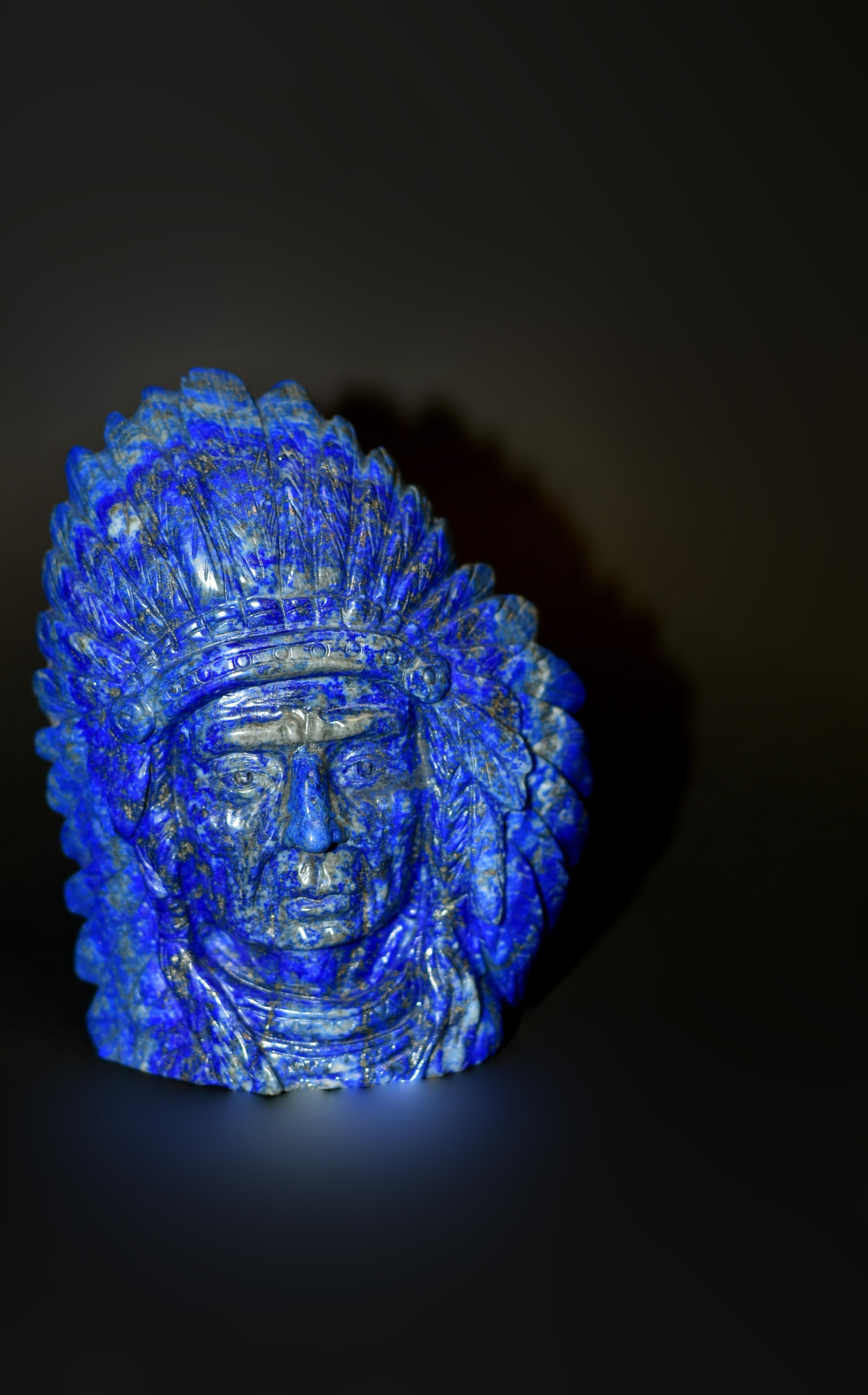 North American Lapis Lazuli Native American Indian Chief Statue For Sale