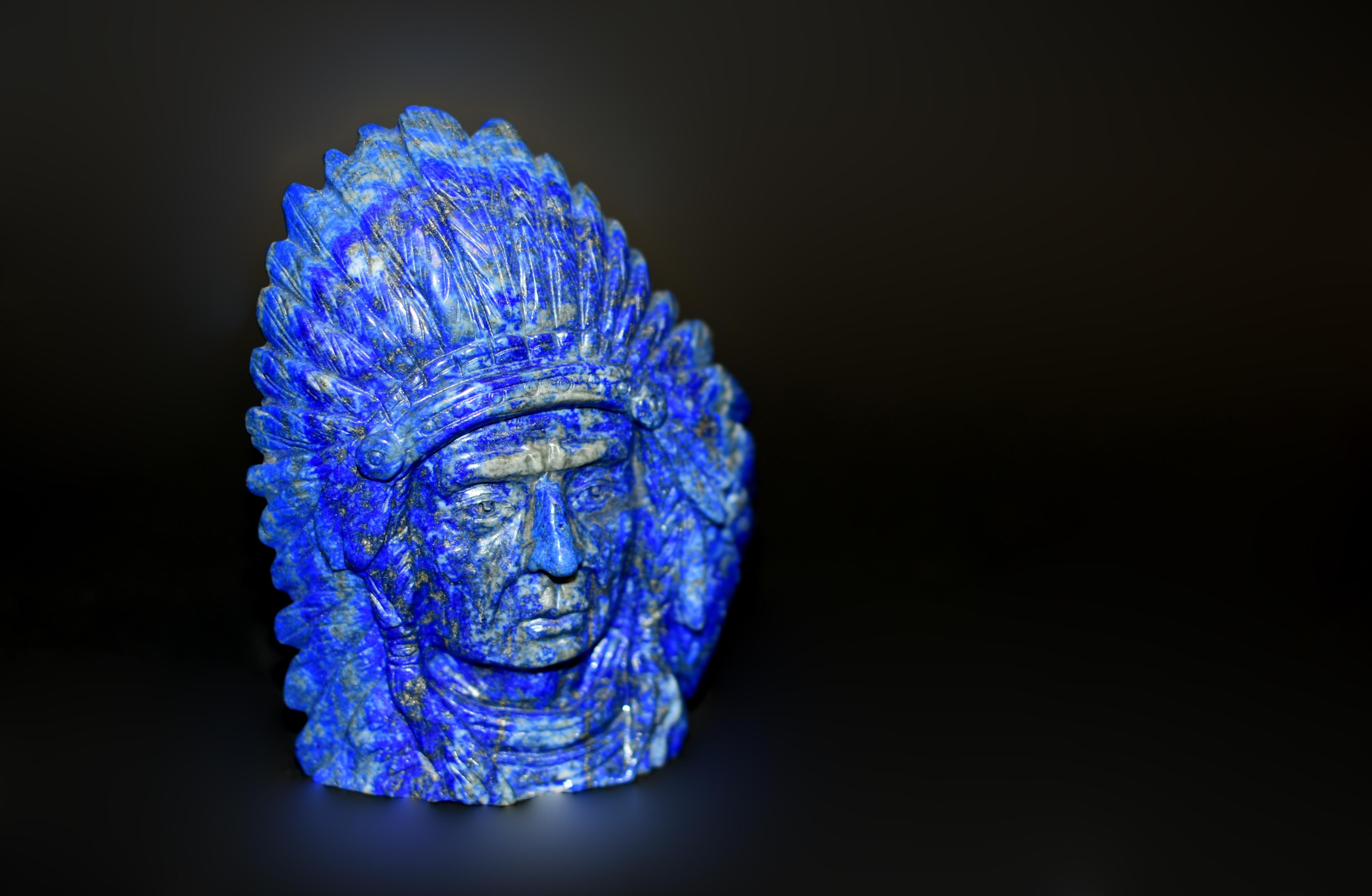 Hand-Carved Lapis Lazuli Native American Indian Chief Statue For Sale