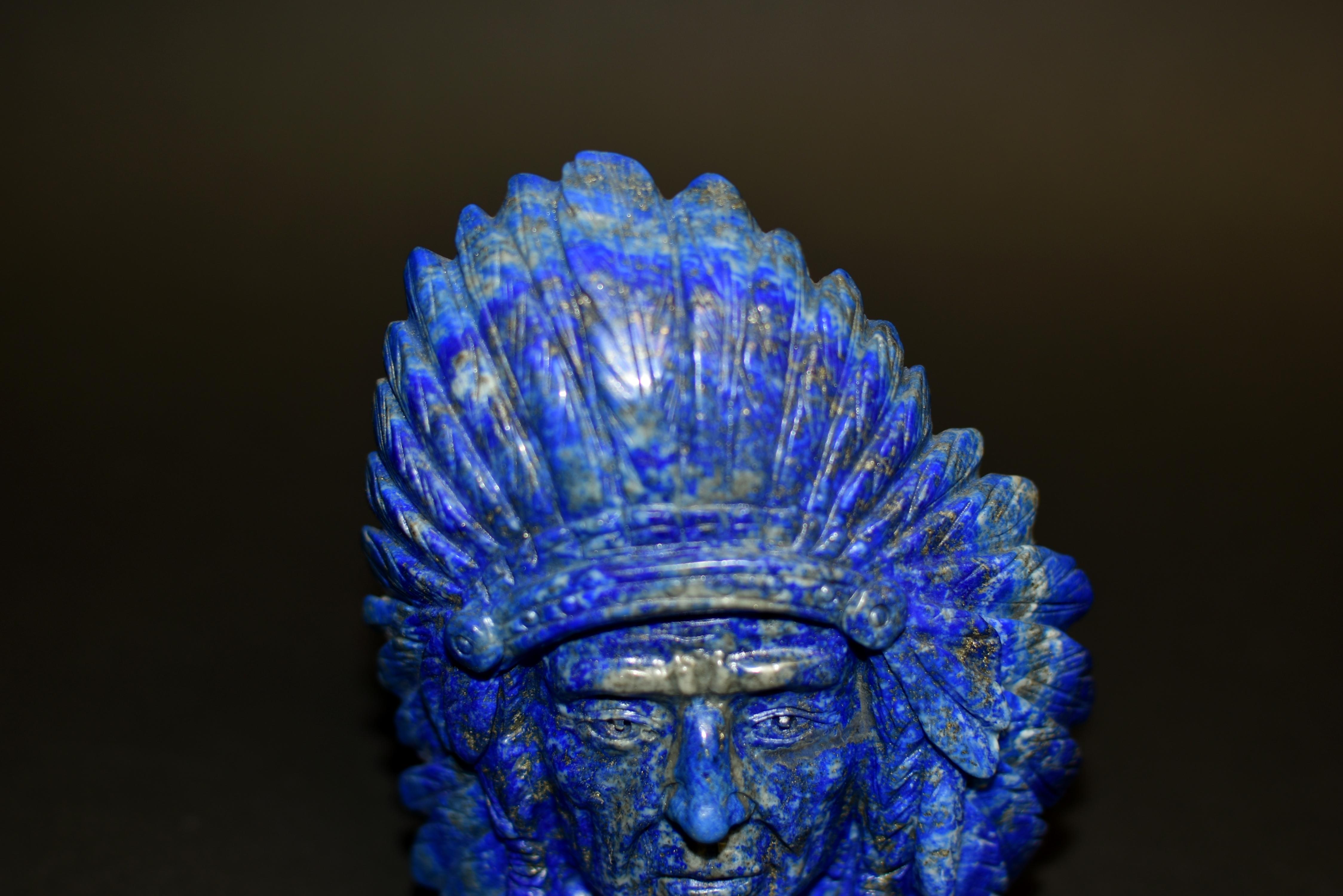 Lapis Lazuli Native American Indian Chief Statue In Excellent Condition For Sale In Somis, CA