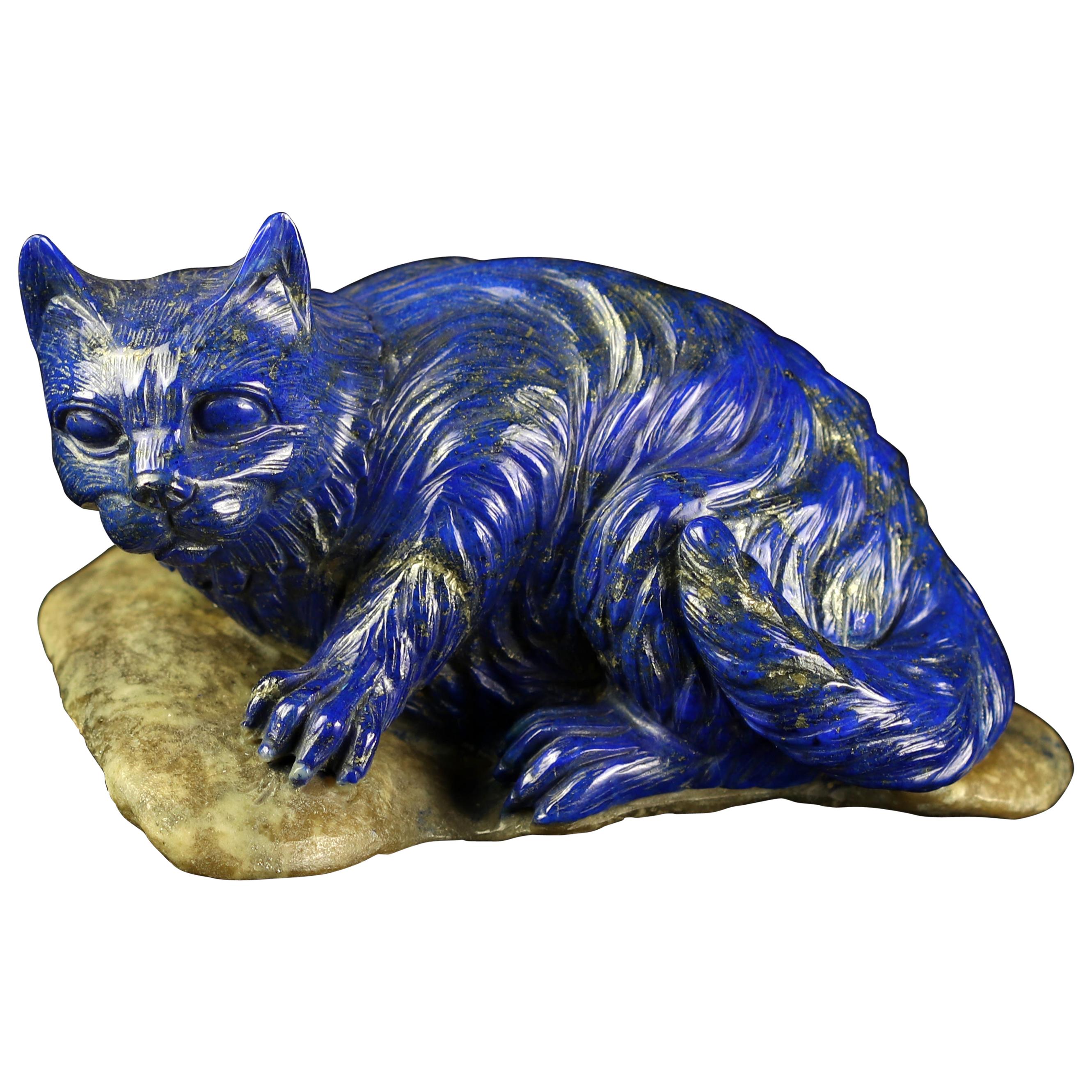 Lapis Lazuli Natural Blue Cat Feline Carved Animal Asian Statue Sculpture