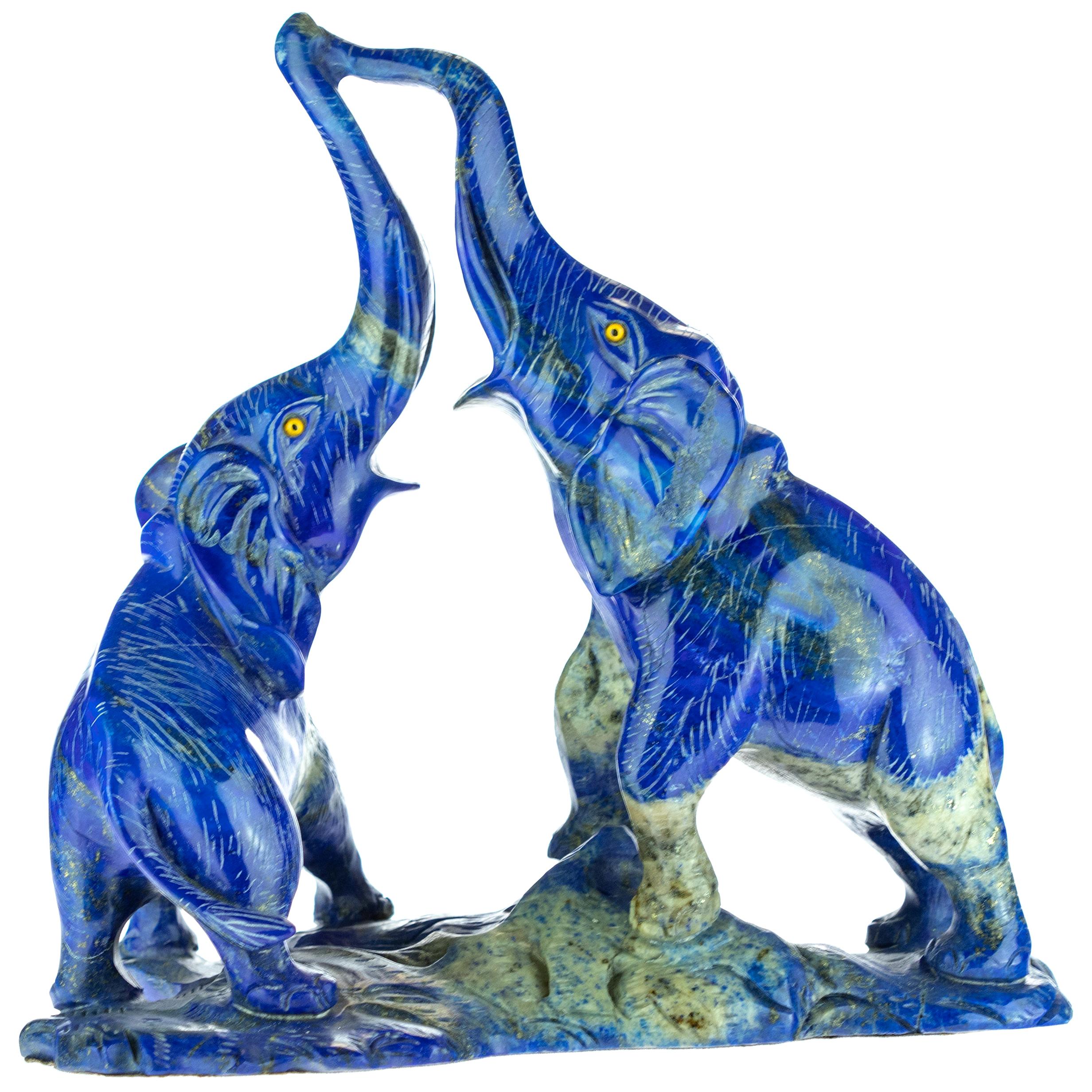 Lapis Lazuli Natural Blue Elephant Carved Animal Gemstone Asian Statue Sculpture For Sale
