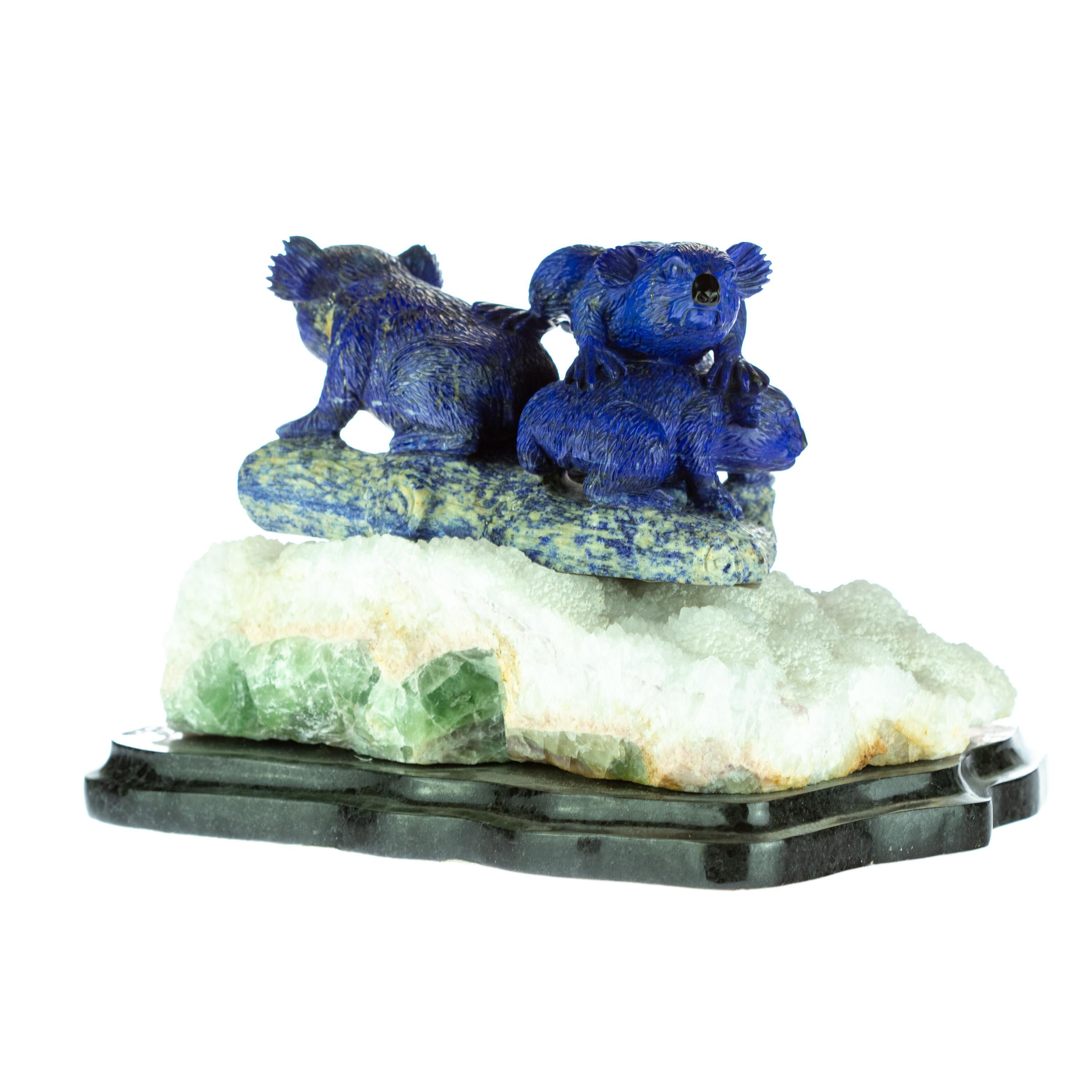 Chinese Export Lapis Lazuli Natural Blue Koala Family Carved Animal Australia Statue Sculpture For Sale
